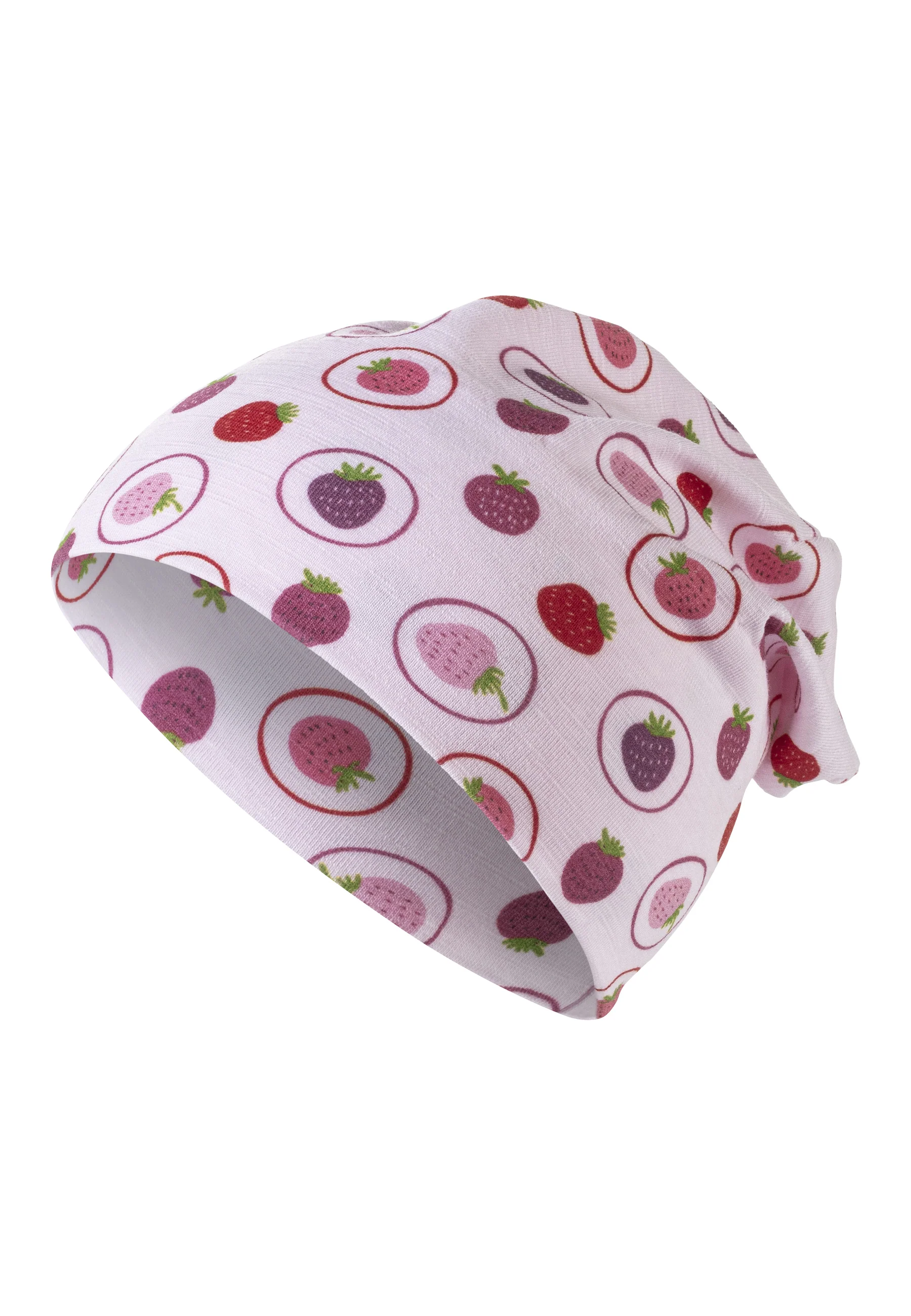 Beanie bedruckt mit vielen kleinen Erdbeeren in rosa