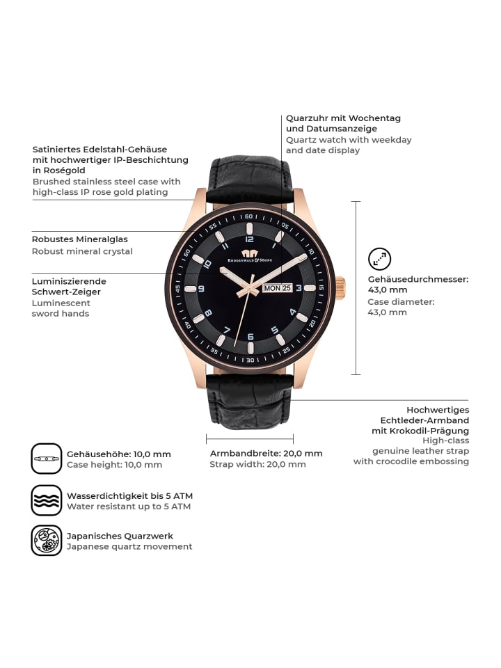 Rhodenwald & Söhne Herren Quarzuhr roségold Echtleder schwarz in schwarz günstig kaufen 20 cm