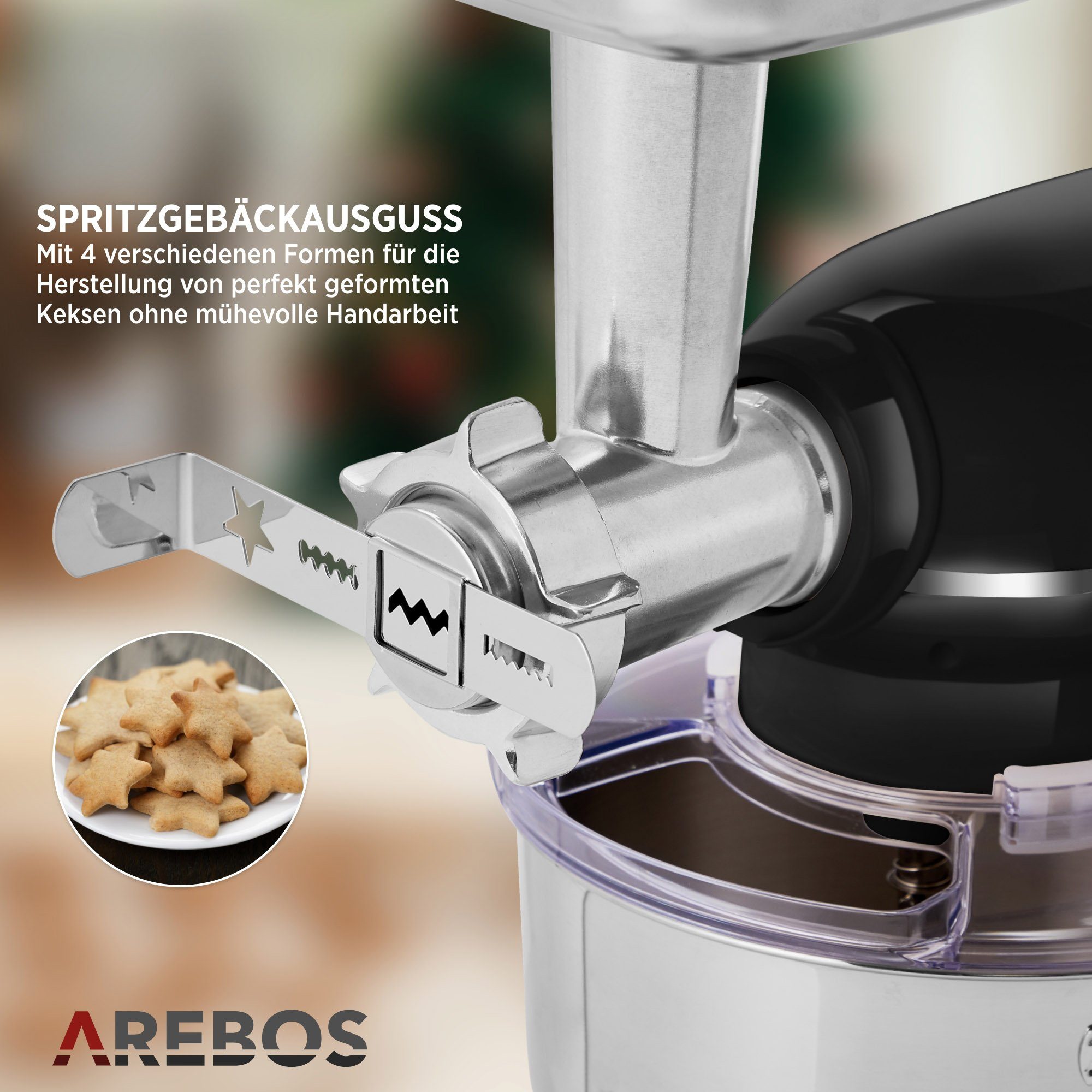 Arebos Küchenmaschine Fleischwolf, Nudelmaschine, Edelstahl-Schüssel, 1500 W, 5,50 l Schüssel, 3in1