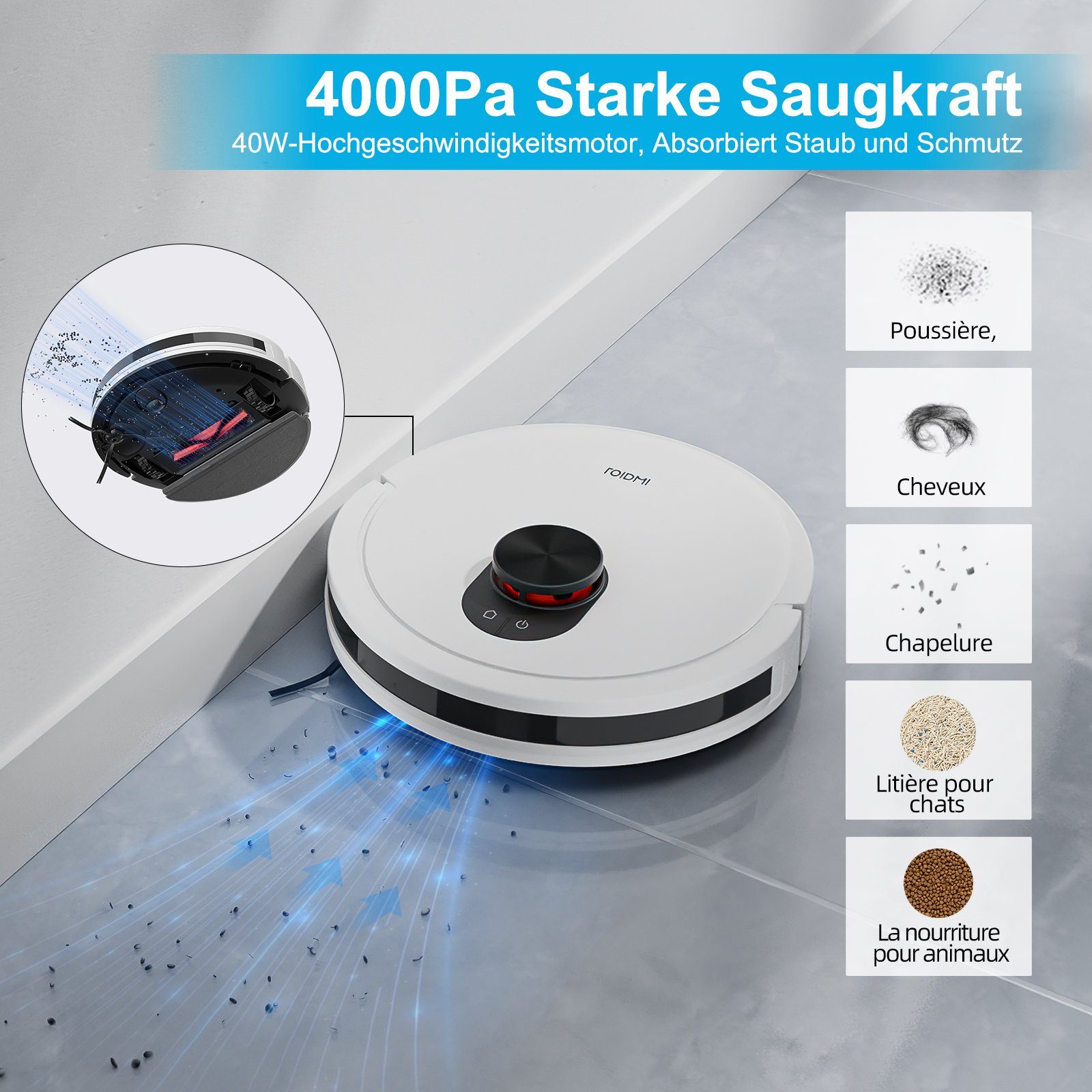 Roidmi Nass-Trocken-Saugroboter EVE CC, 40,00 W, mit Beutel, Mit Wischfunktion,Mit 2.5L großer Staubbox