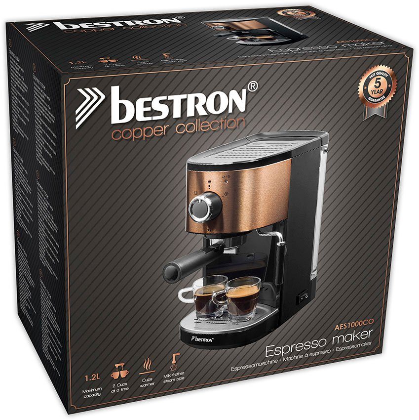 bestron Espressomaschine AES1000CO, für 2 Tassen, mit schwenkbarer Dampfdüse, 15 bar