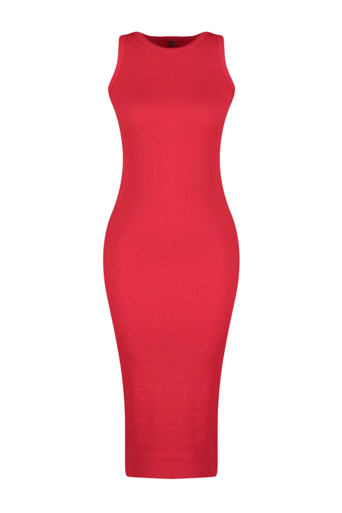 Trendyol Collection  Rotes, geripptes, figurbetontes/tailliertes Rundhals-Midi-Bleistiftkleid aus Strick TWOSS22EL1575