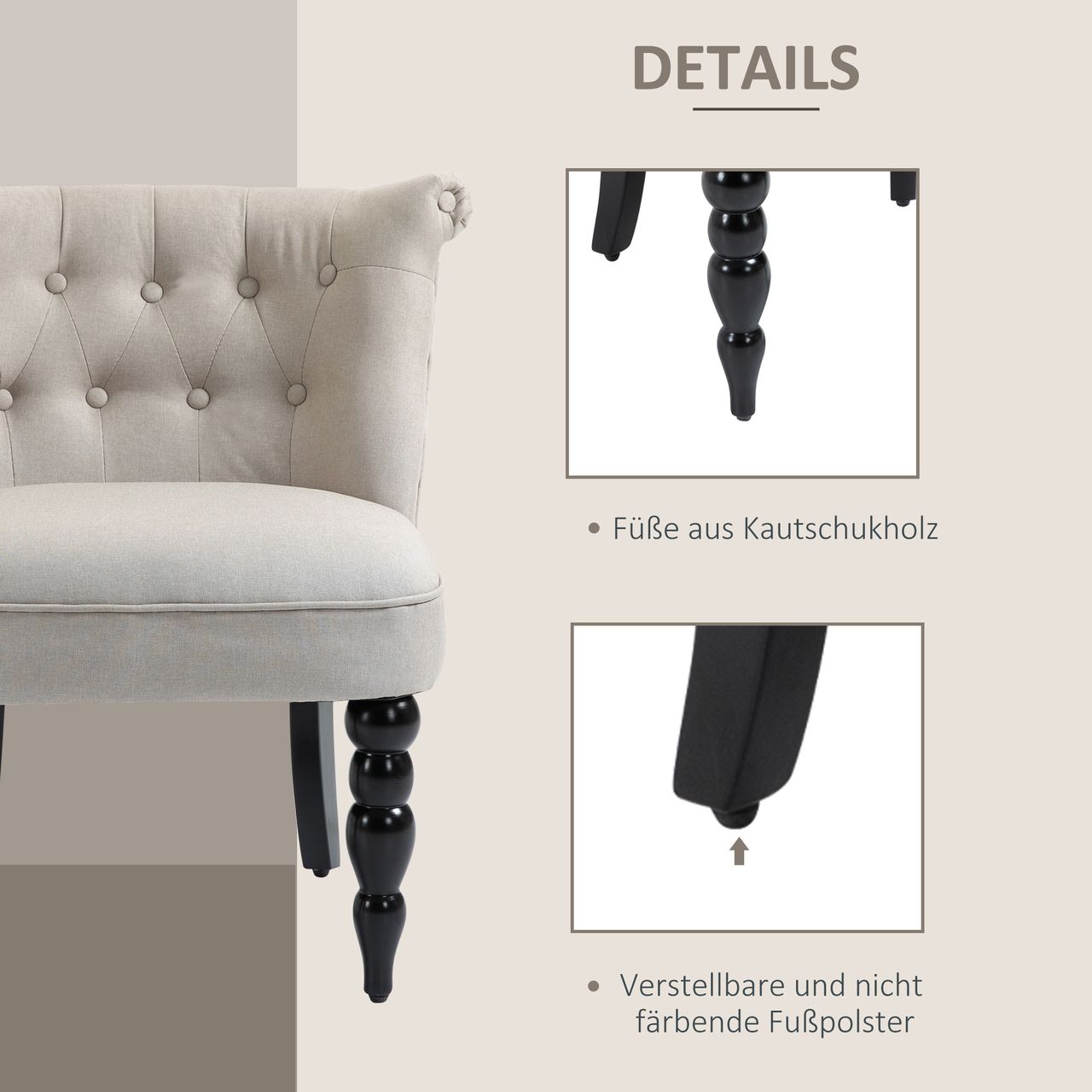 HOMCOM Relaxsessel Vintage Ruhesessel Relaxstuhl Polstersessel Esszimmerstuhl Leinenbezug Holzgestell Beige Schwarz 67 x 67 x 78 cm