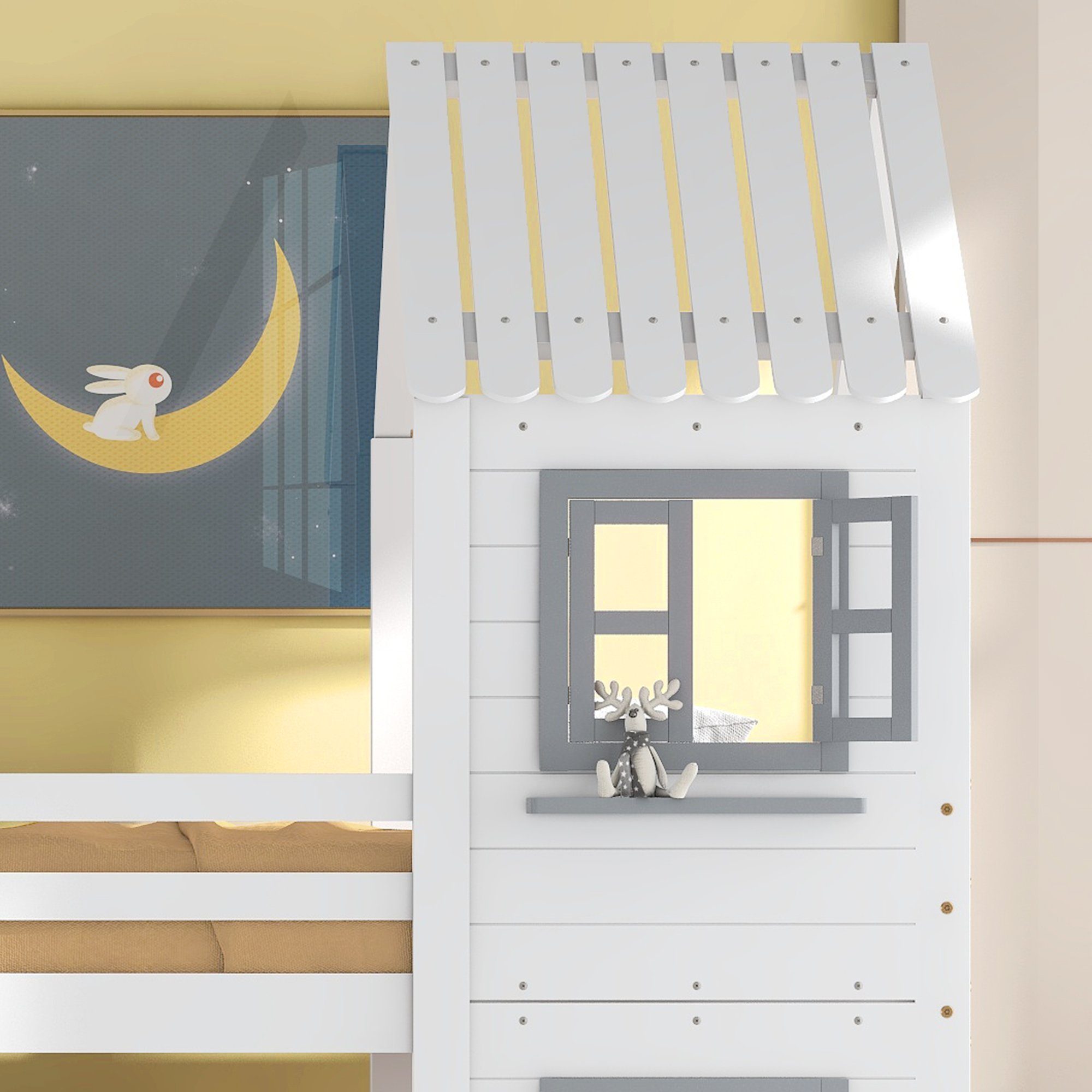 OKWISH Etagenbett Etagenbett mit Handlauf und Fenster, Bett, Kinderbett (Kinderbett mit Fallschutz und Gitter, Fallschutz und Gitter), Rahmen aus Kiefer,90x200cm