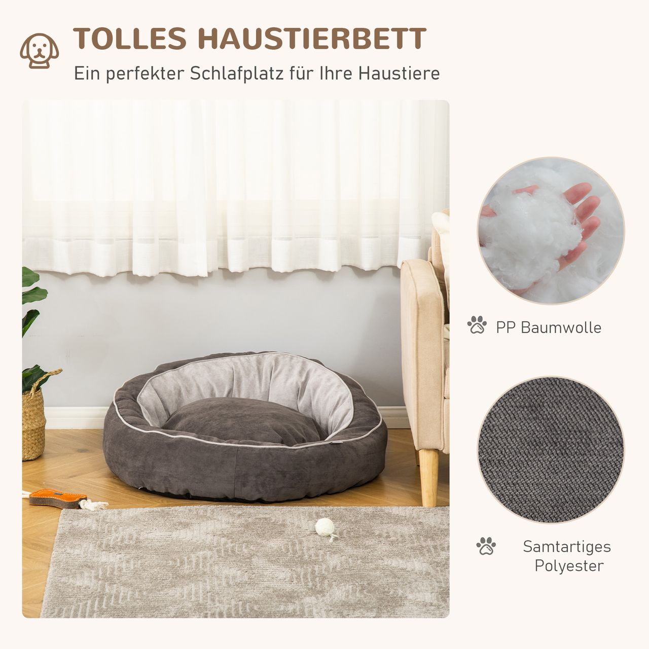 PawHut Hundebett Hundematte Hundekissen Hundematratze rundes Tierbett Hundesofa Haustierbett für Hunde Katzen Leinenartiges Polyester Dunkelgrau Creamweiß 85 x 85 x 35 cm