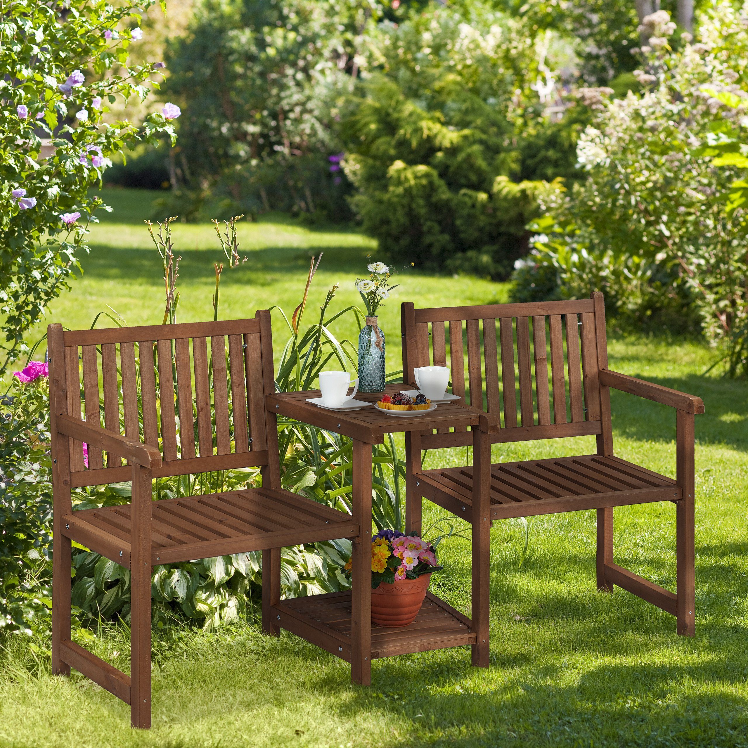 relaxdays Gartenbank Braune Gartenbank mit Tisch