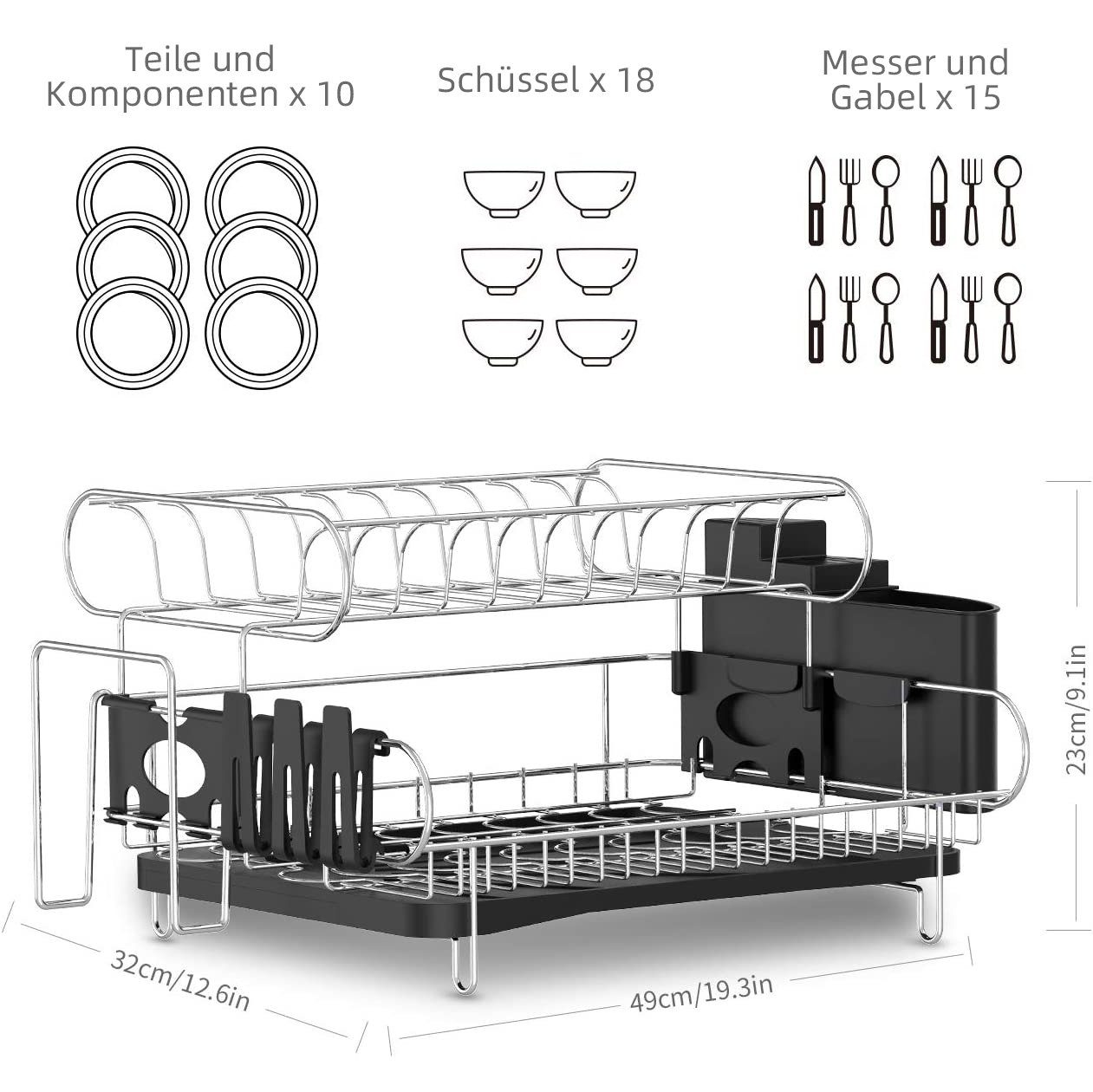 Daynee Geschirrständer Abtropfgestell,2 Ebenen Geschirrkorb Edelstahl, Zubehör für mit Utensilienmesserhalter und Schneidebretthalter, Abtropfmatte aus Mikrofaser, Abtropfgestell für die Küche