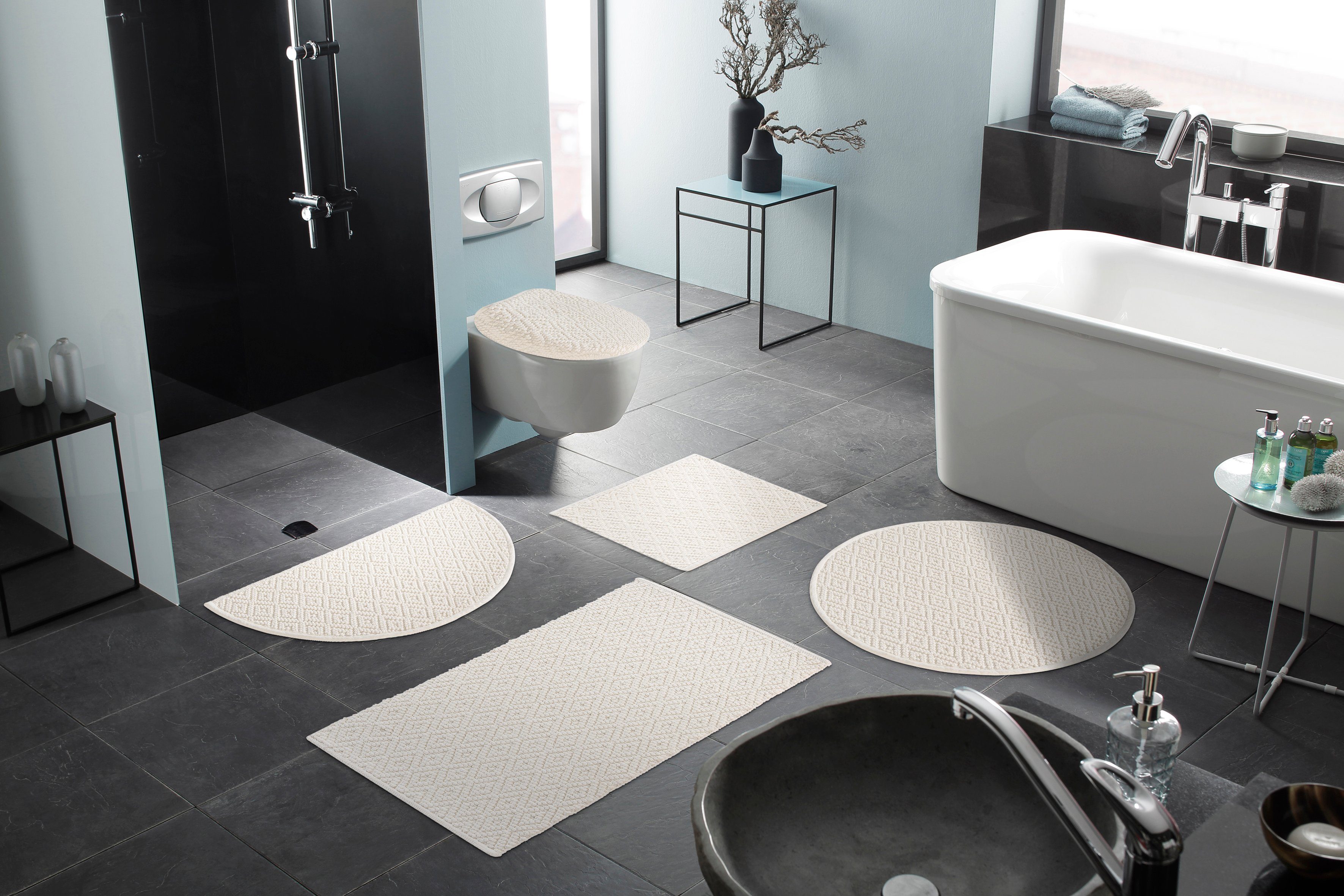 Badematte Numan Home affaire, Höhe 10 mm, fußbodenheizungsgeeignet, schnell trocknend, strapazierfähig, Baumwolle, rechteckig, Rauten-Muster, Badteppich, auch als 3 teiliges Set erhältlich