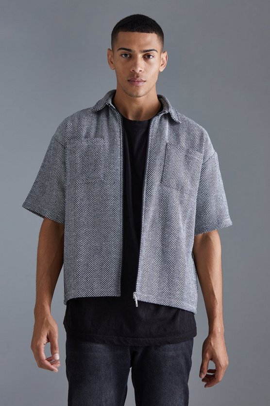 Kurzärmliges kastiges Oversize Jacquard-Hemd