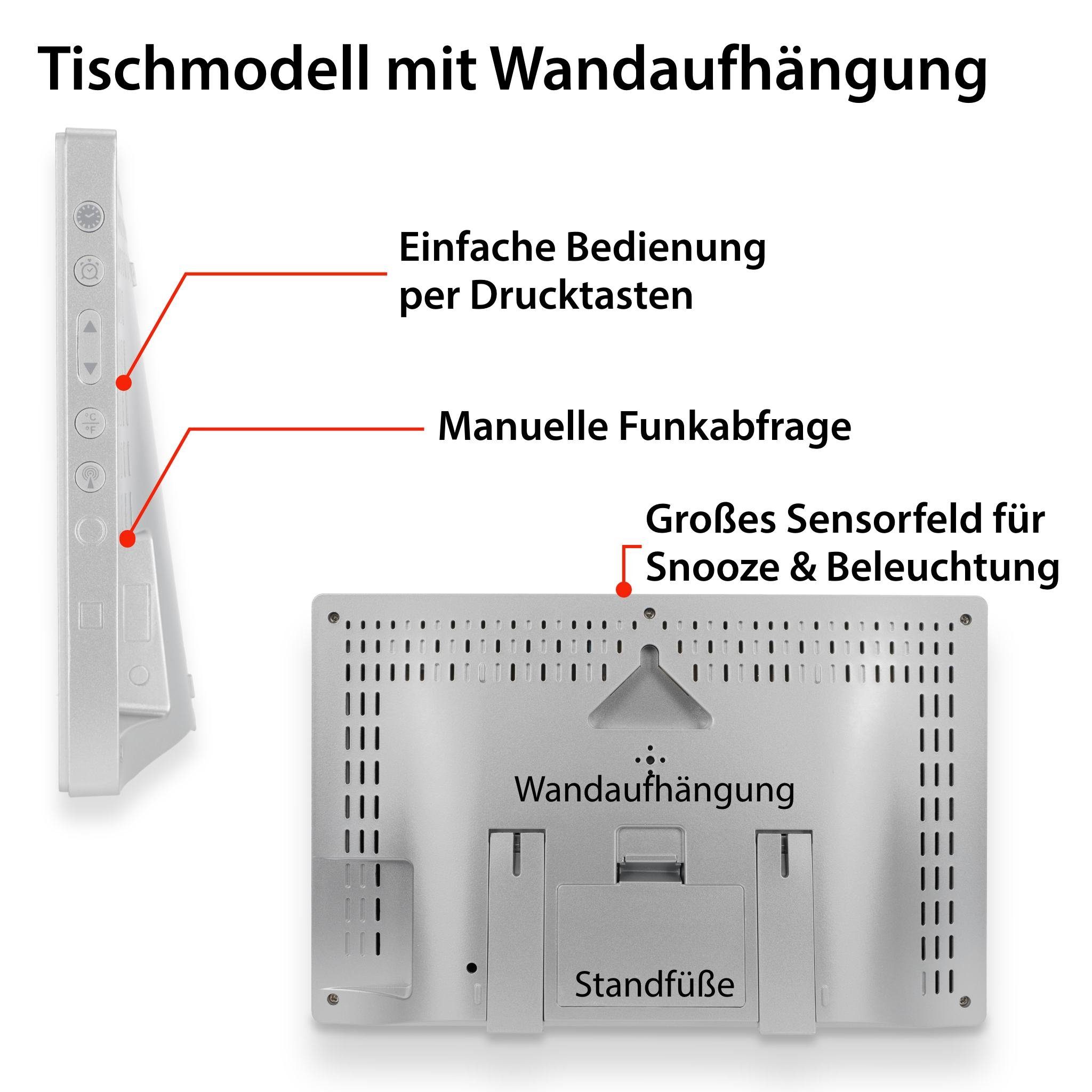 ADE Funktischuhr Digitale extragroße Wand- oder Tischuhr mit Beleuchtung mit Temperaturanzeige und Luftfeuchtigkeit, ideal für Senioren