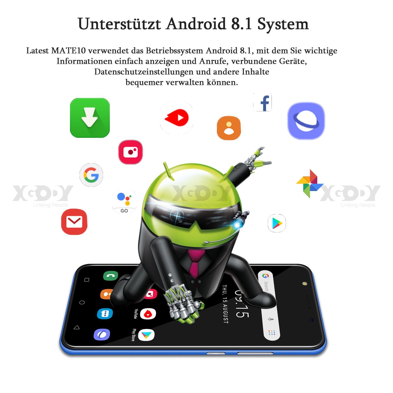XGODY Mate 10, 1GB RAM, 8GB ROM, Dual-SIM,3G Smartphone (12,70 cm/5 Zoll, 8 GB Speicherplatz, 5 MP Kamera, Android 8.1, Gesichtserkennung, Erweiterung Speicher Max. 256GB)