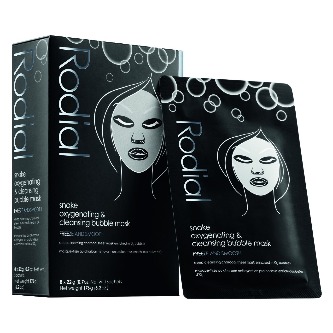 Rodial Gesichtsmaske Rodial Gesichtsmaske Snake Bubble Mask Reinigende Schaummaske mit Aktivkohle, SYN®¬AKE, Allantoin, Niacinamide und Jojobaöl, die Box enthält 4 Einzelanwendungen., 1-tlg.