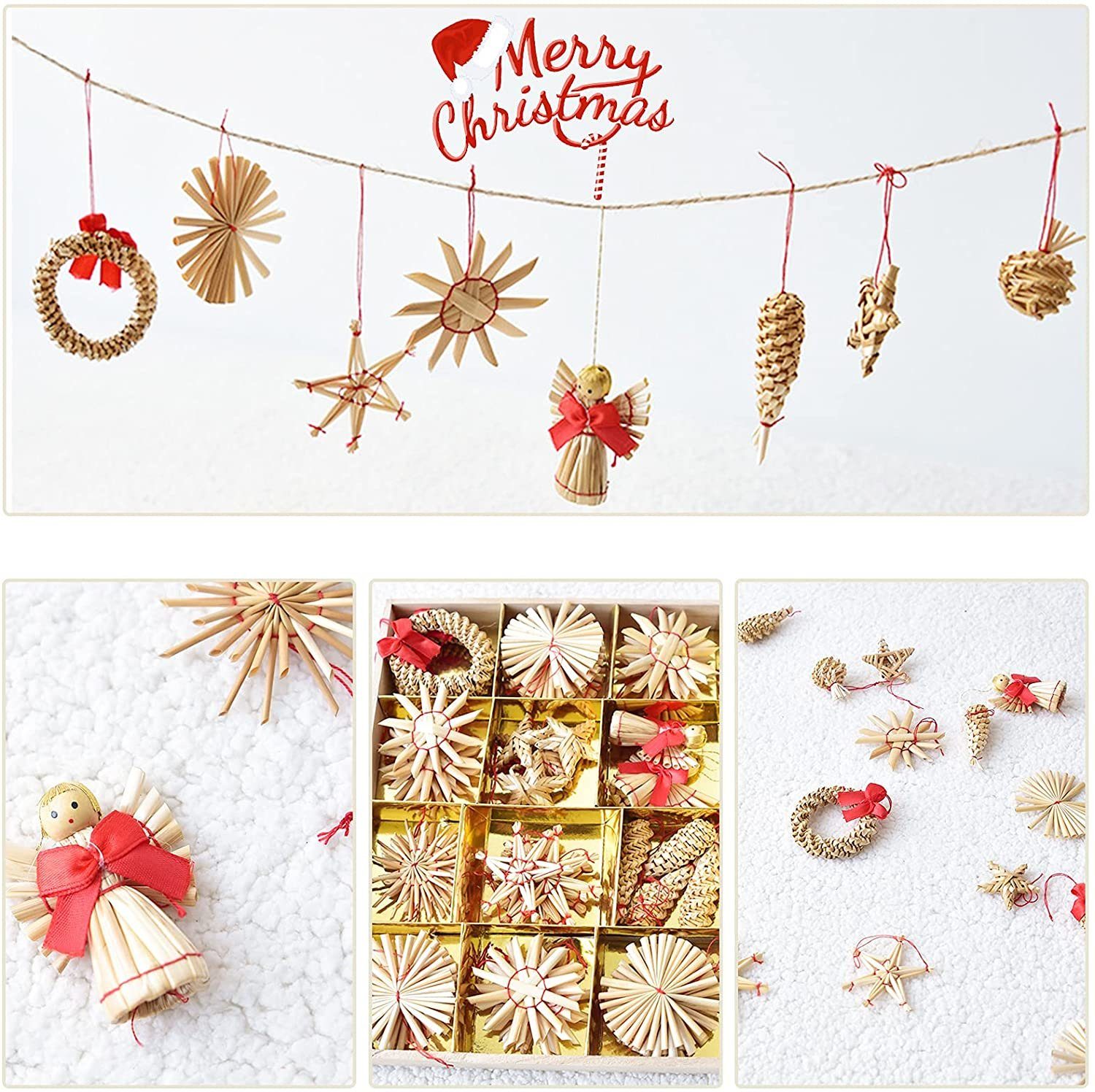 TAN.TOMI Christbaumschmuck Strohsterne Christbaumschmuck,56-teiliges Strohsterne Weihnachtsbaumschmuck aus Stroh, Natürlicher Christbaum-Behang, bis zu 6,5 cm große Sterne Herzen Engel, Natürlicher Umweltschutz, handgefertigt