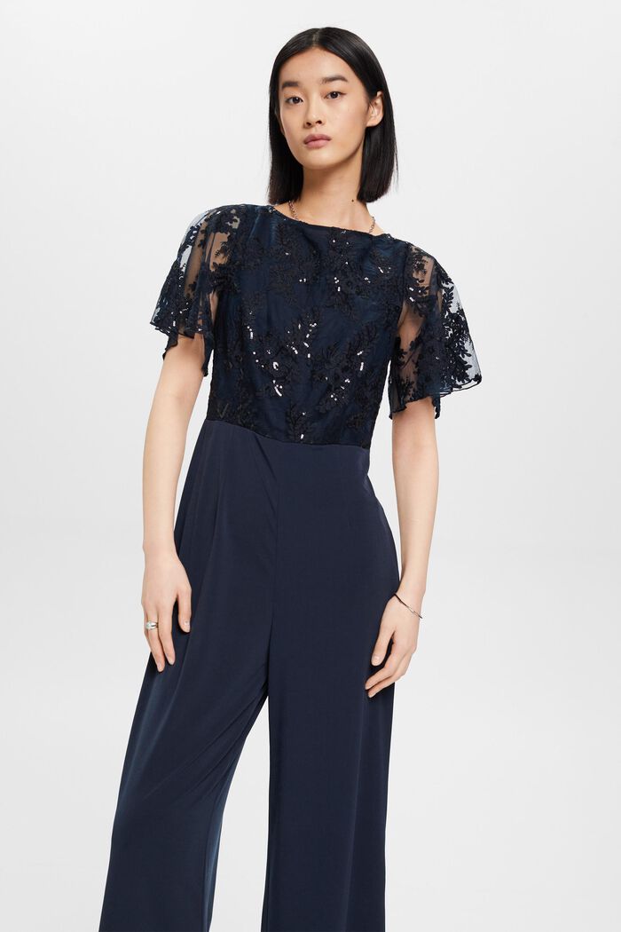 Jersey-Jumpsuit mit Blumenstickerei am Oberteil