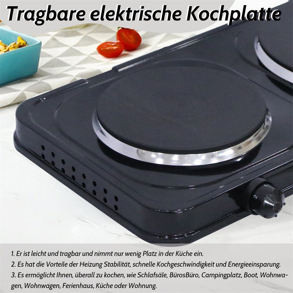 Mucola Doppelkochplatte Doppel-Kochplatte Camping Kochfeld 2500 Watt Doppel Herdplatte, Flamme 5-fach stufenlos regulierbar durch Drehknopf