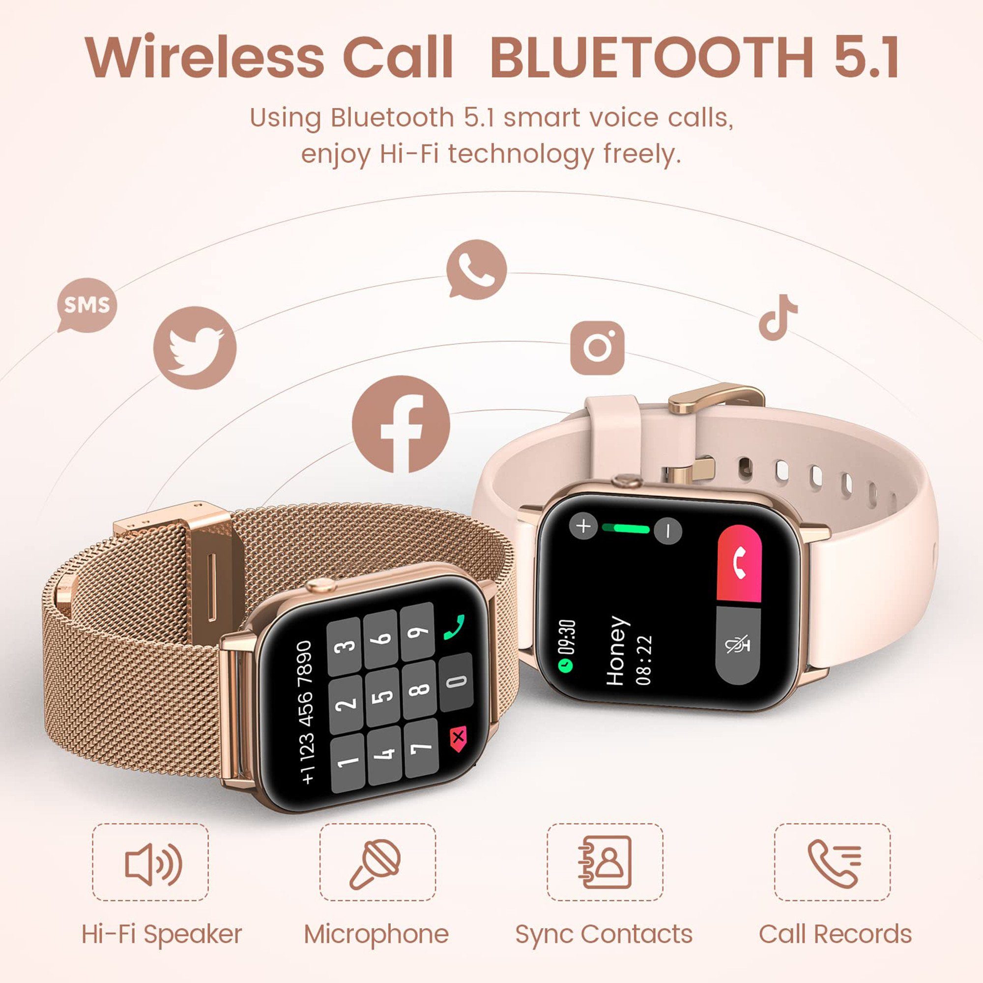 Tisoutec Smartwatch Damen Herren mit Telefonfunktion Fitness Tracker Fitnessuhr Smartwatch (Fitnessuhr mit Telefonfunktion/WhatsApp Notiz,Smartwatch Fitness Tracker Uhr IP68 Wasserdicht,1.83