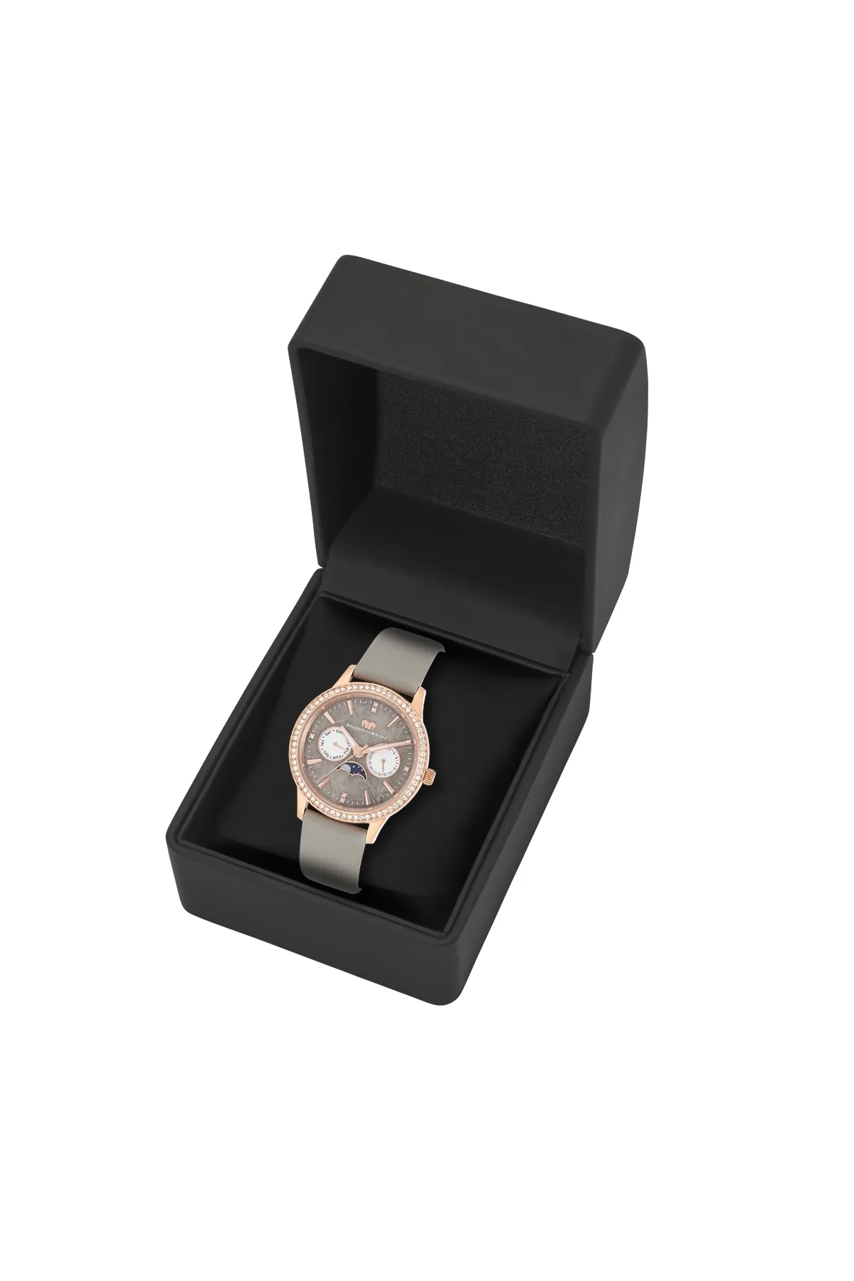 Rhodenwald & Söhne  Multifunktions Damen Multifunktionsuhr roségold Echtleder grau