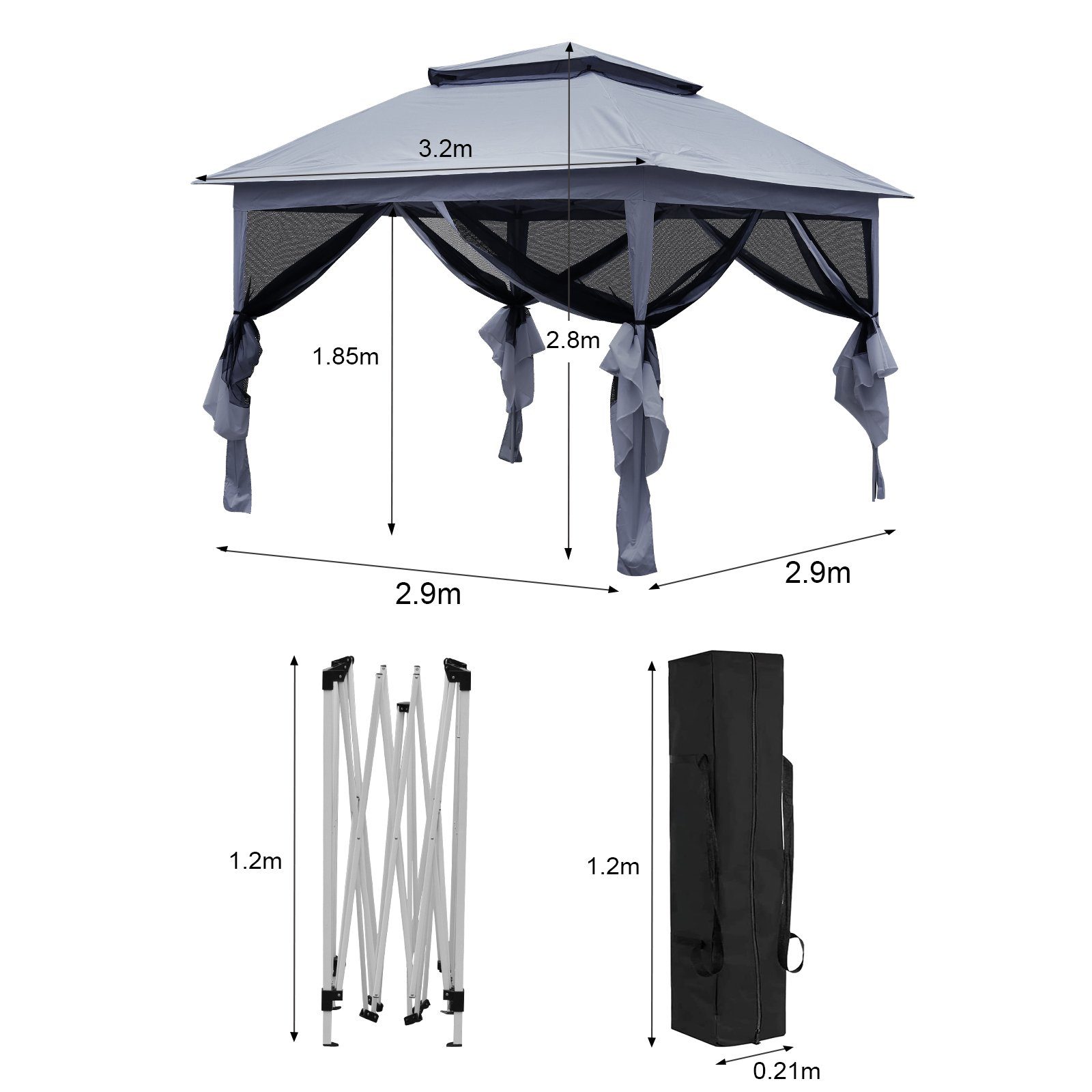 CLIPOP Faltpavillon 3.2x3.2M Doppeldach-Pavillon, mit 4 Seitenteilen Gartenzelt