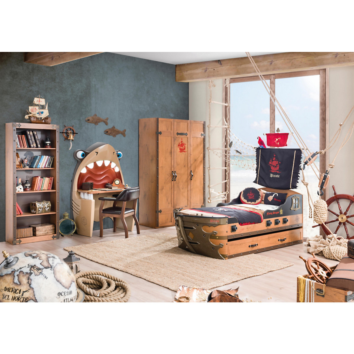 Kinderzimmer 2-teilig mit Piratenbett in Schiffsform mit Ausziehbett und Matratze