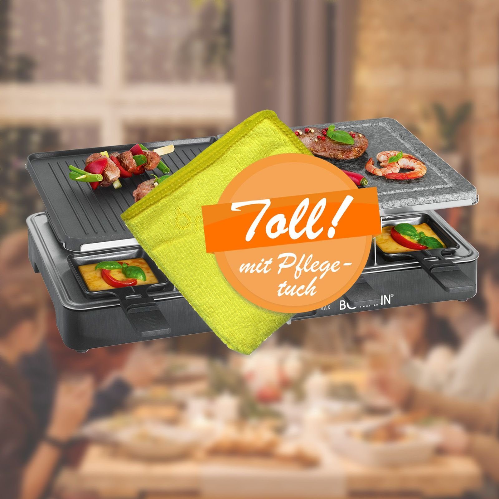 bmf-versand Raclette Raclette Grill für 8 Personen inkl Pflegetuch Heißer Stein