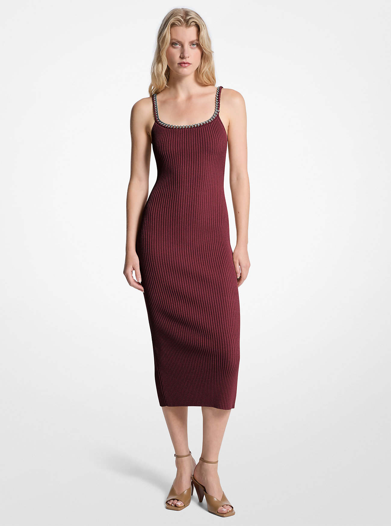 Kjede-ribbet stretchstrikket midikjole - OXBLOOD