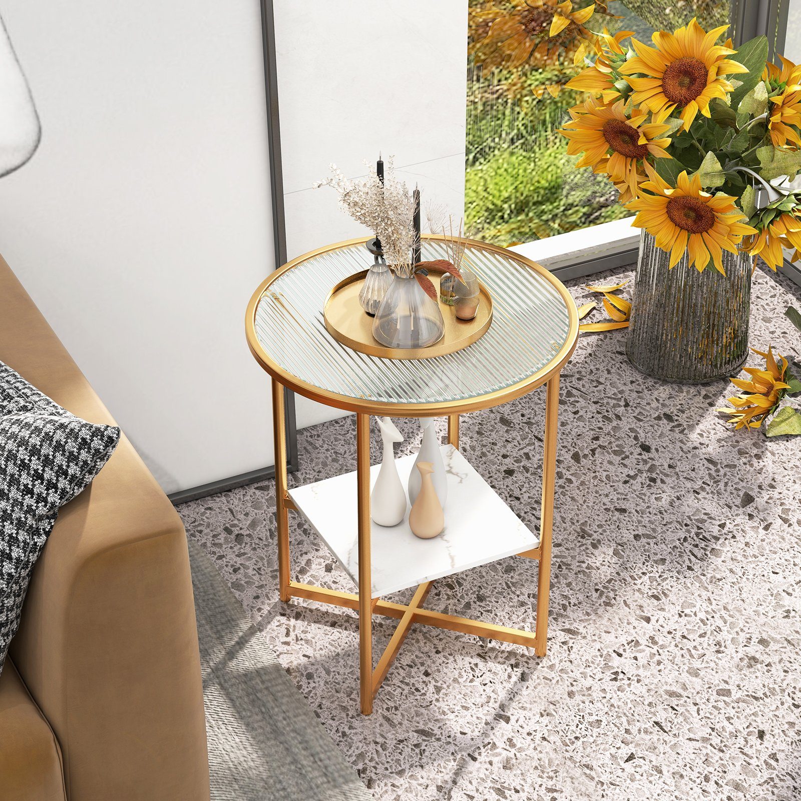 COSTWAY Beistelltisch, rund, mit gehärtetem Glas & Ablage aus Marmor, gold