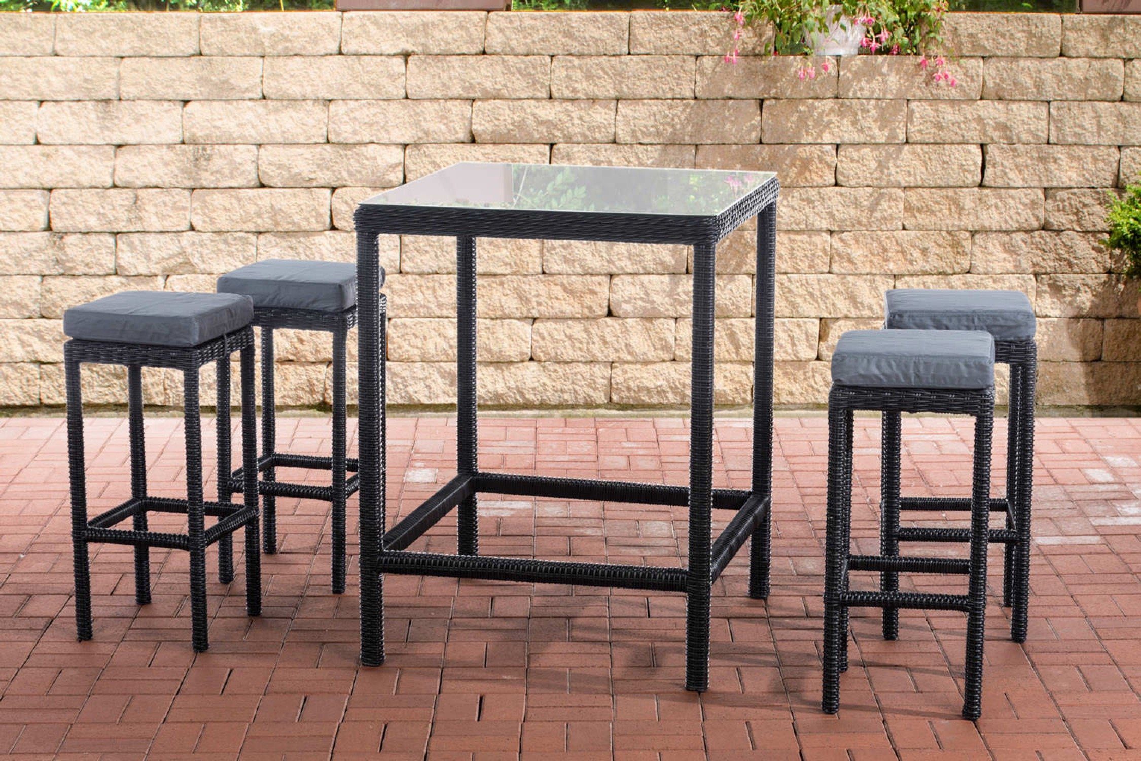 TPFGarden Gartenbar-Set Alina - aus 5mm Polyrattan und Aluminium-Gestell, (Stehtisch-Set mit 4 Hockern und Kunstlederauflagen, Gartenlounge-Set - wasserfest, pflegeleicht und UV-beständig), Maße (TxBxH): Tisch 84 x 84 x 110,5cm - Hocker 37 x 37 x 74,
