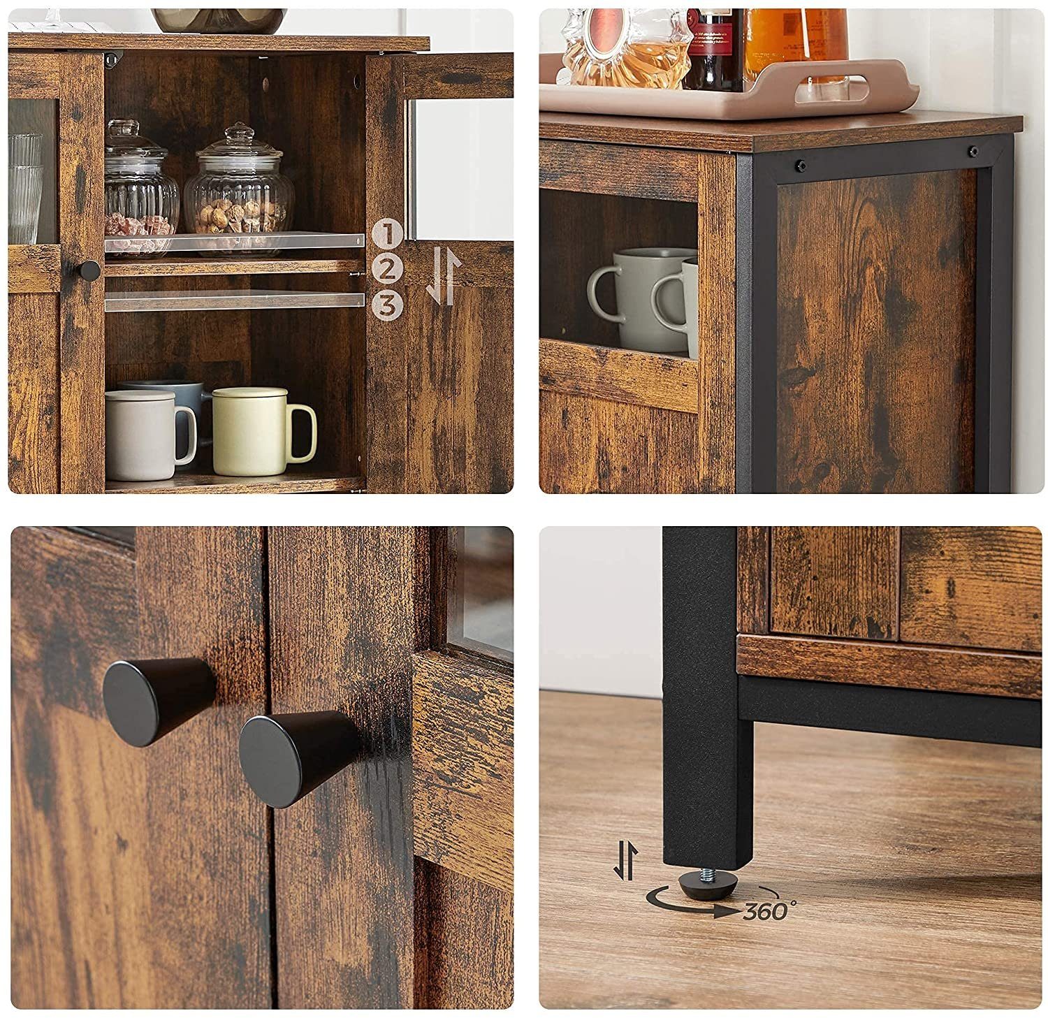 VASAGLE Sideboard, 100 x 35 x 75 cm, verstellbaren Ablage, mit Glastüren