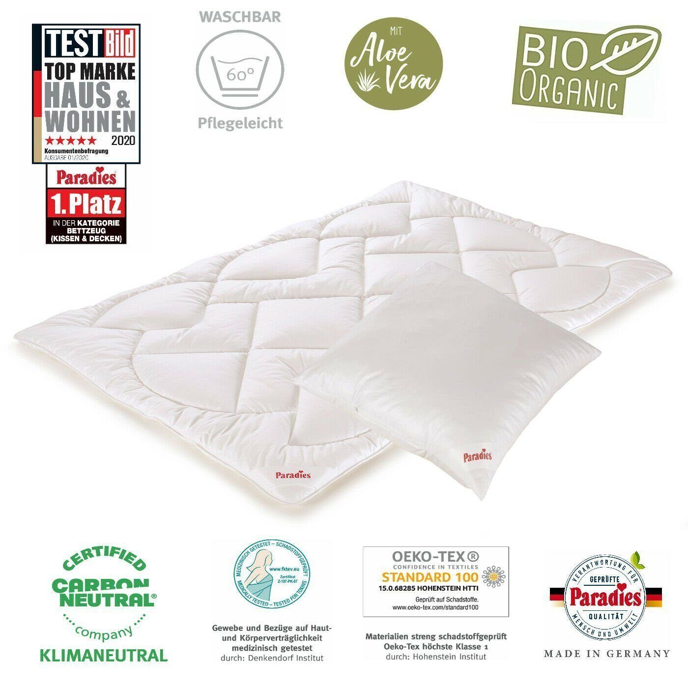 Bettdecke + Kopfkissen, Paradies Bio Bettenset Bettdecke Anela Kopfkissen Softy 135x200 80x80, Paradies, Füllung: 100% Paradies Fill Comfort, Bezug: 100% Bio- Baumwolle, Hergestellt in Deutschland, Klimaneutrale Herstellung