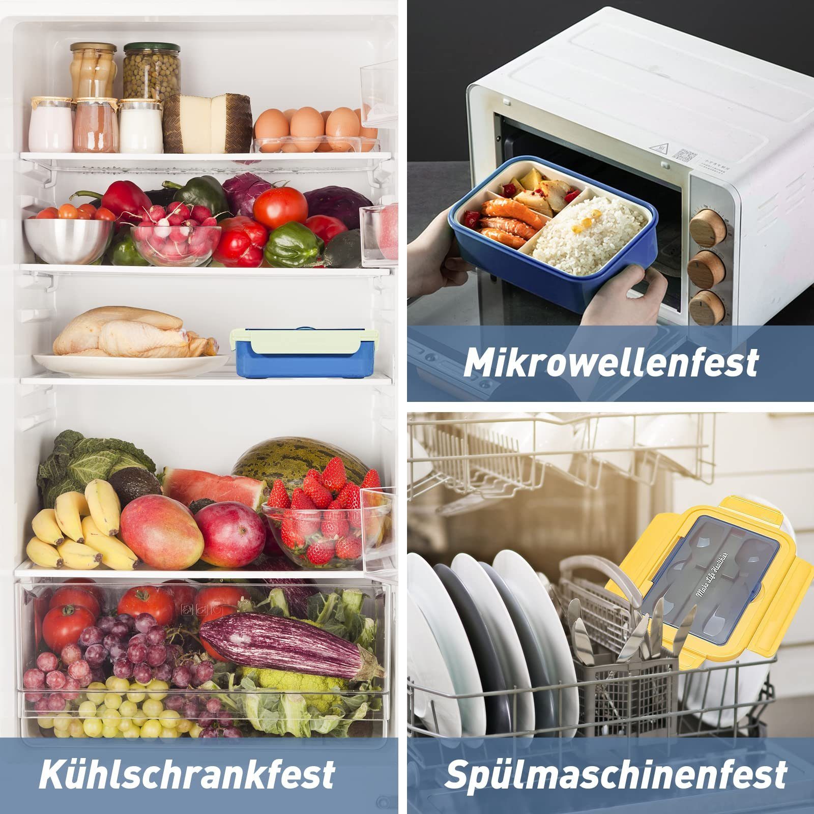 MDHAND Lunchbox 1400ml Lunchbox für Erwachsene, Brotdose Kinder, PP5, (1-tlg), mit 3 FäChern für Schule Arbeit Picknick Reisen