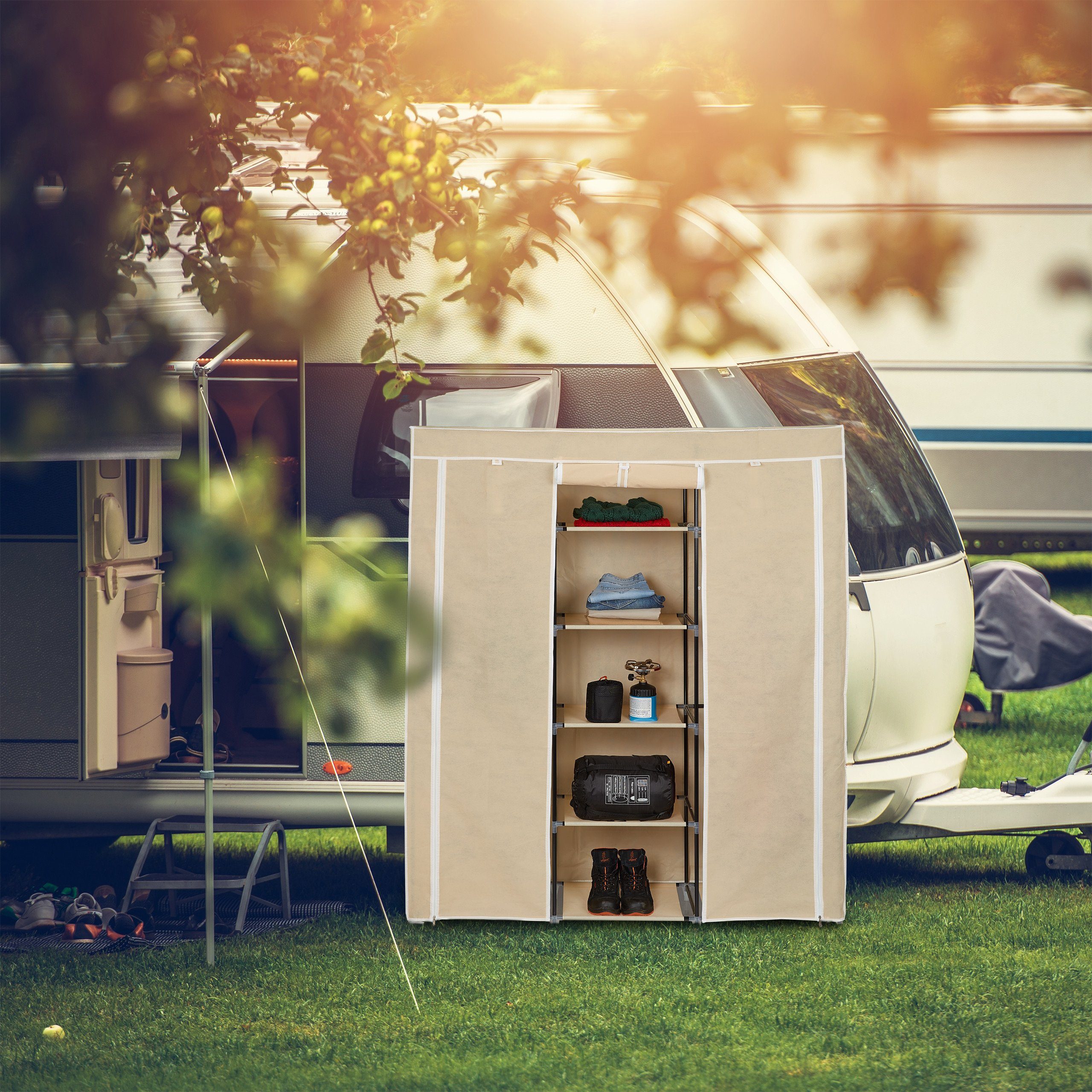 relaxdays Stoffschrank Stoffkleiderschrank XXL mit 9 Böden Beige