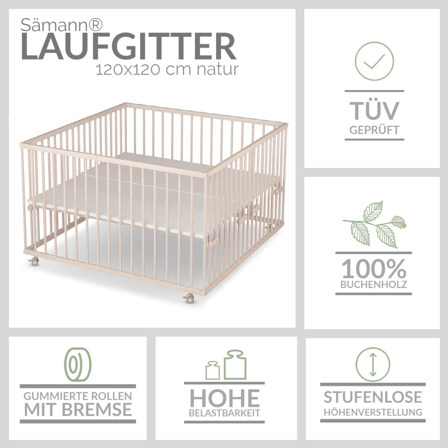 Sämann Laufgitter 120x120 cm mit Matratze, TÜV geprüft 2021, stufenlos höhenverstellbar