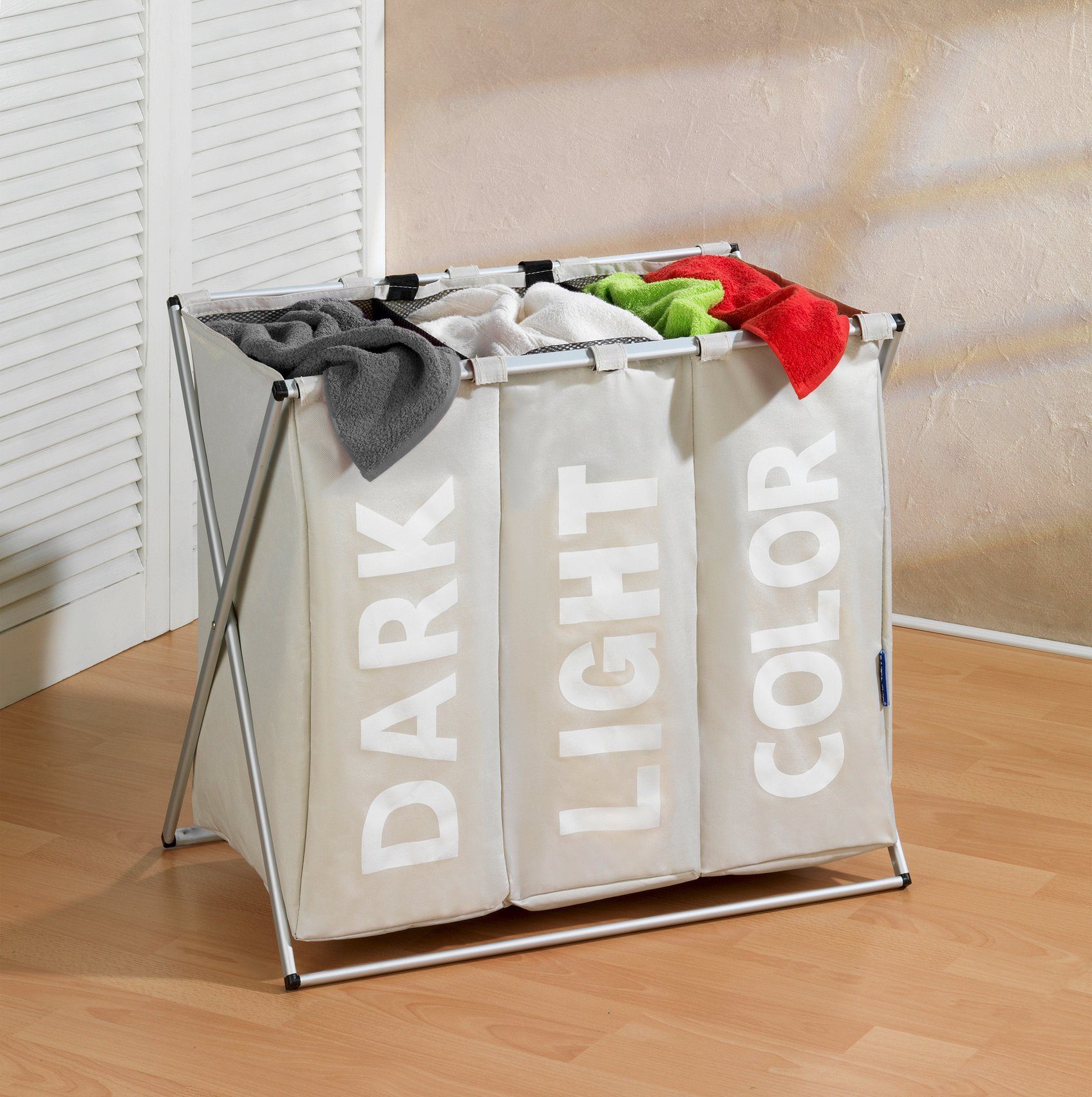 WENKO Wäschekorb Trio, beige, 3-tlg Aufteilung, klappbar, mit Griffen