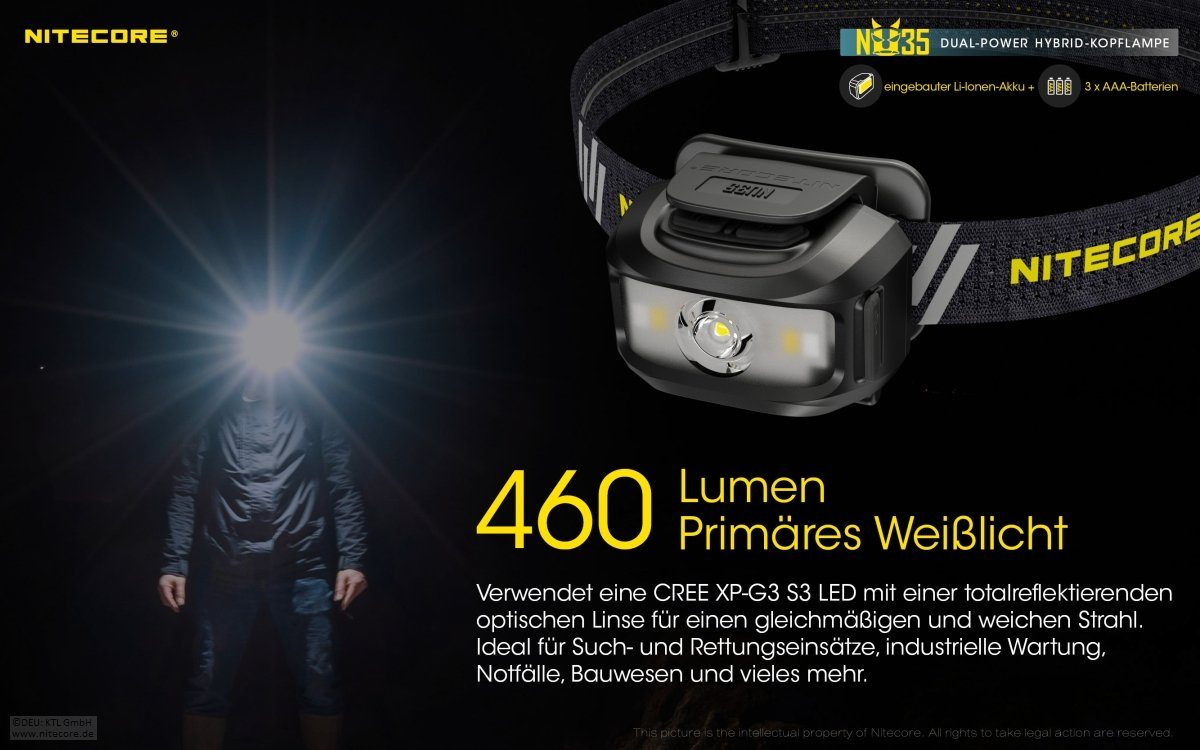Nitecore LED Taschenlampe NU35 Stirnlampe LED - Dual Power Hybrid - LED 460 Lumen - IP66 (1-St)