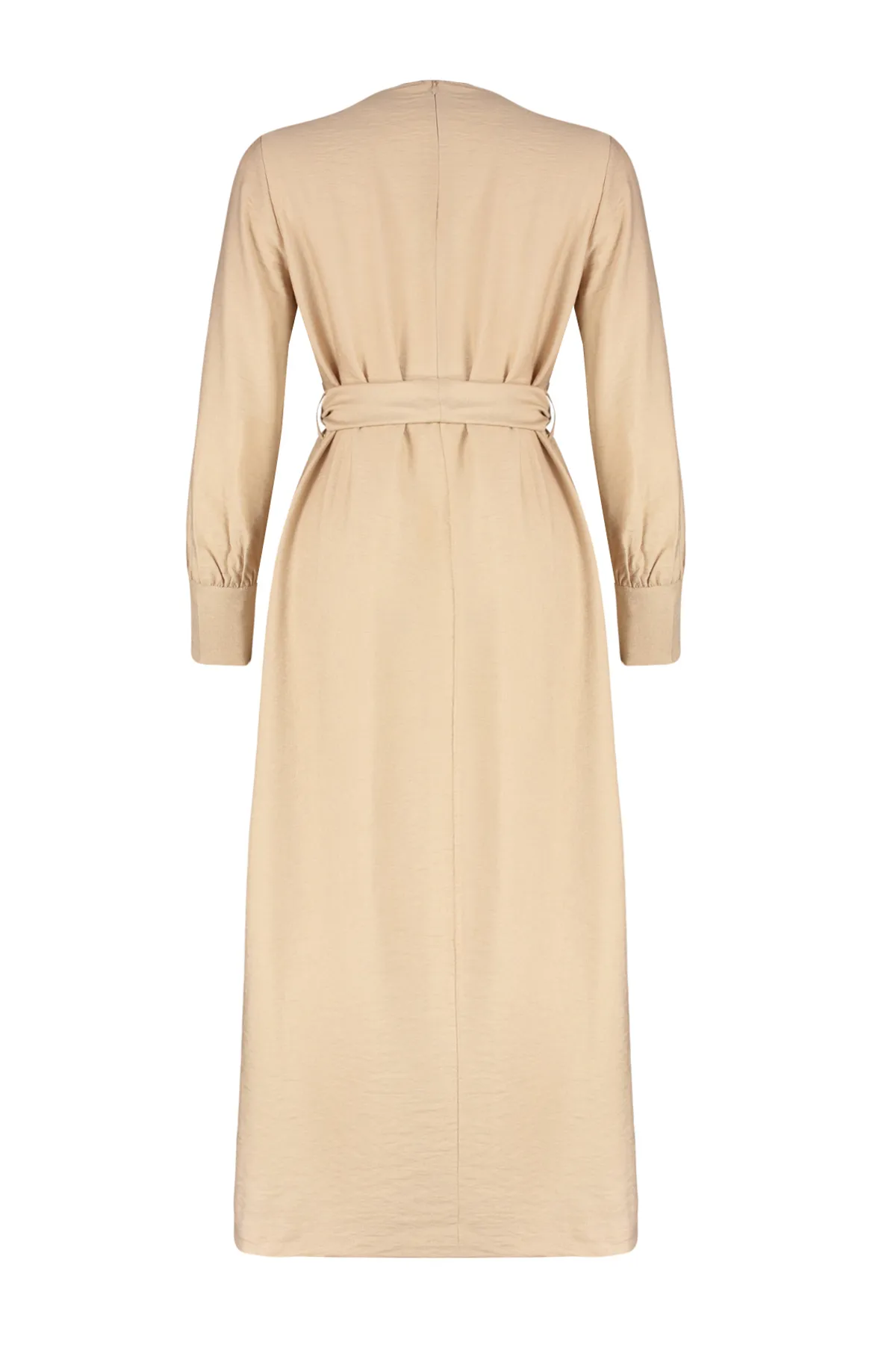 Trendyol Modest  Hellbraunes Kleid in Leinenoptik mit breitem Gürtel, Reißverschluss und Manschetten TCTSS23EB00219