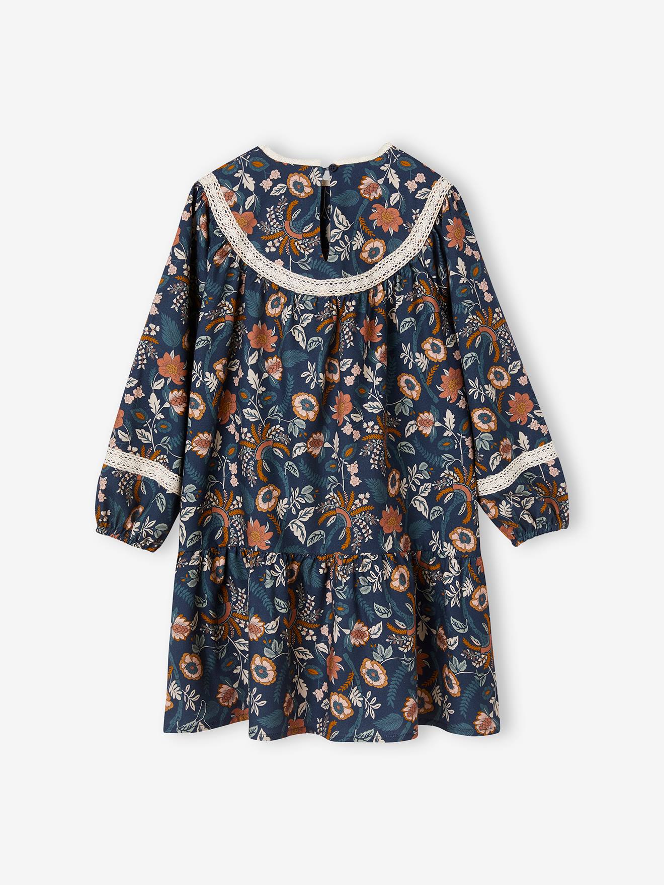 Robe à fleurs détails en dentelle fille bleu nuit