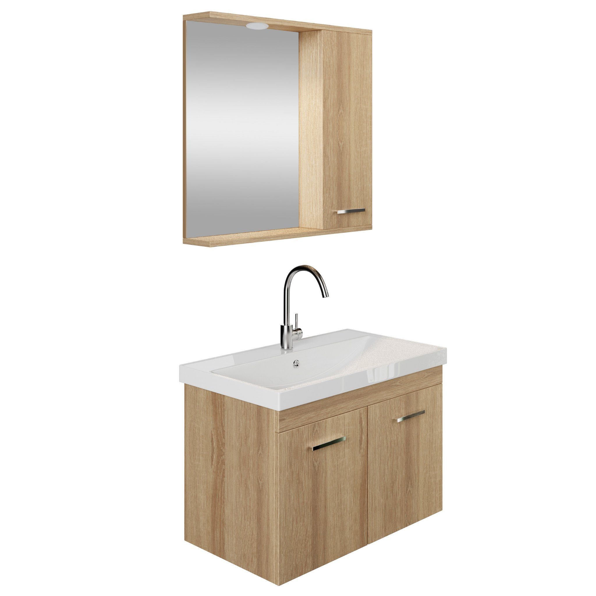 Karen Badezimmer-Set Nil, (Komplett-Set, Standartmäßig 3-Teilig (Unterschrank, Spiegelschrank, Waschbecken), Der Lieferumfang umfasst Unterschrank, Spiegelschrank und Waschbecken), Klassisches Design, Holzfurnier-Beschichtung, Softclose, Bügelgriffe
