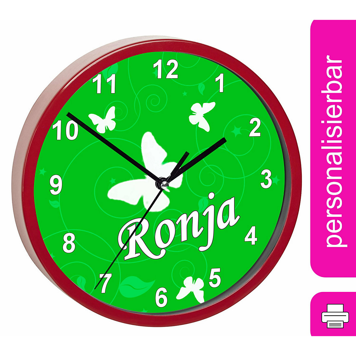 Kinder Wanduhr personalisiert mit Name Schmetterling Ornamente grün