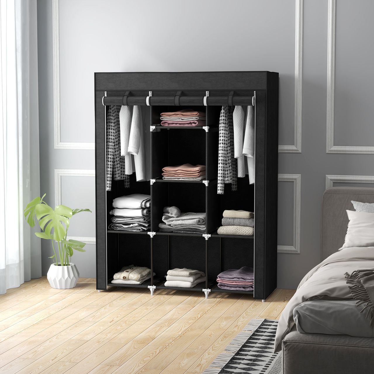 HOMCOM Stoffschrank, Faltschrank, Kleiderschrank mit Kleiderstange, 8 Ebenen