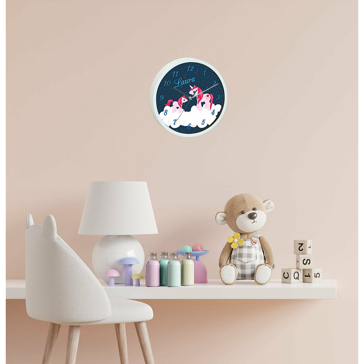 Kinder Wanduhr personalisiert mit Name Einhorn