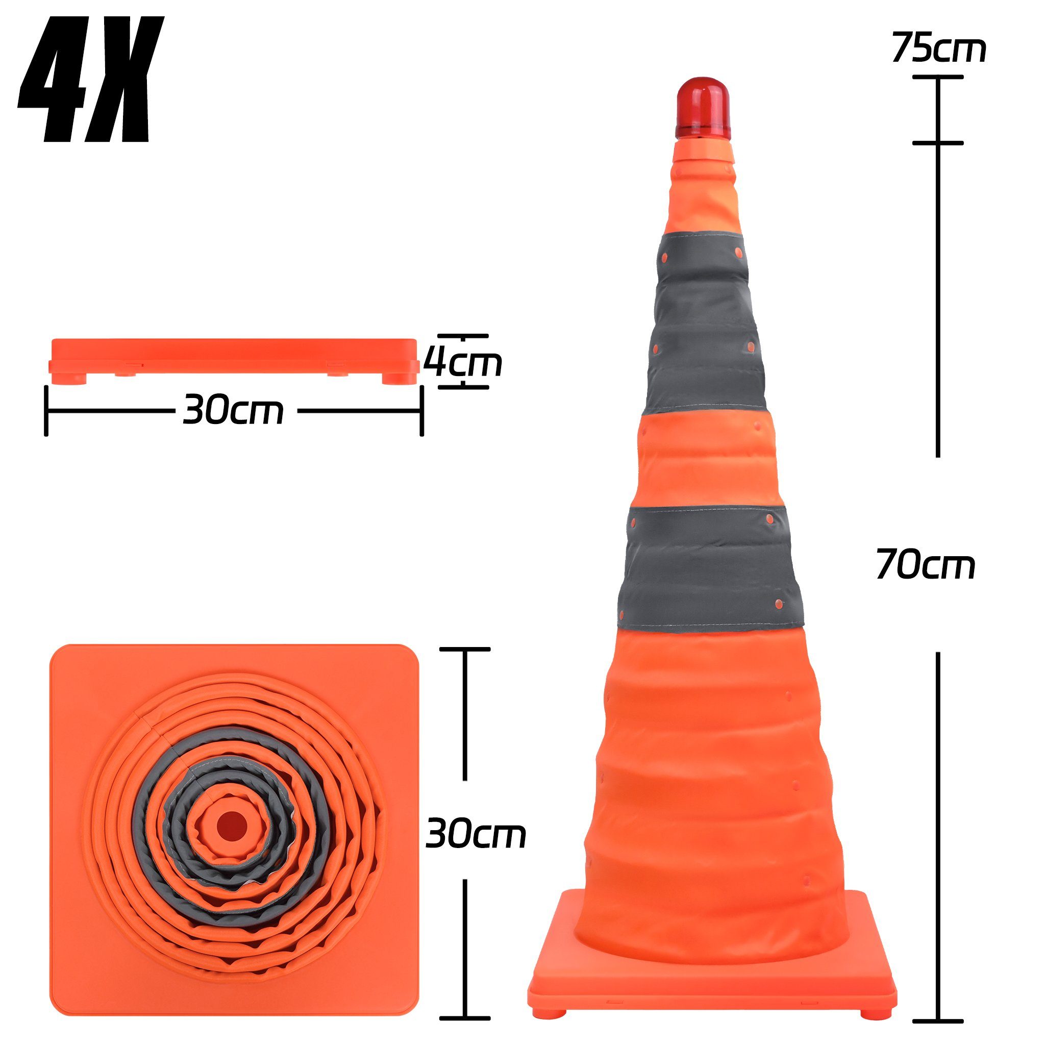 AUFUN Pylone Warnleitkegel Pylon Faltkegel 70cm, Warnkegel in Orange 4/8/16 Stück (Warnkegel Faltkegel Verkehrsleitkegel Markierungshütchen Mehrzweck, 4 St), 28 Zoll Zusammenklappbare Verkehrskegel Sicherheitskegel