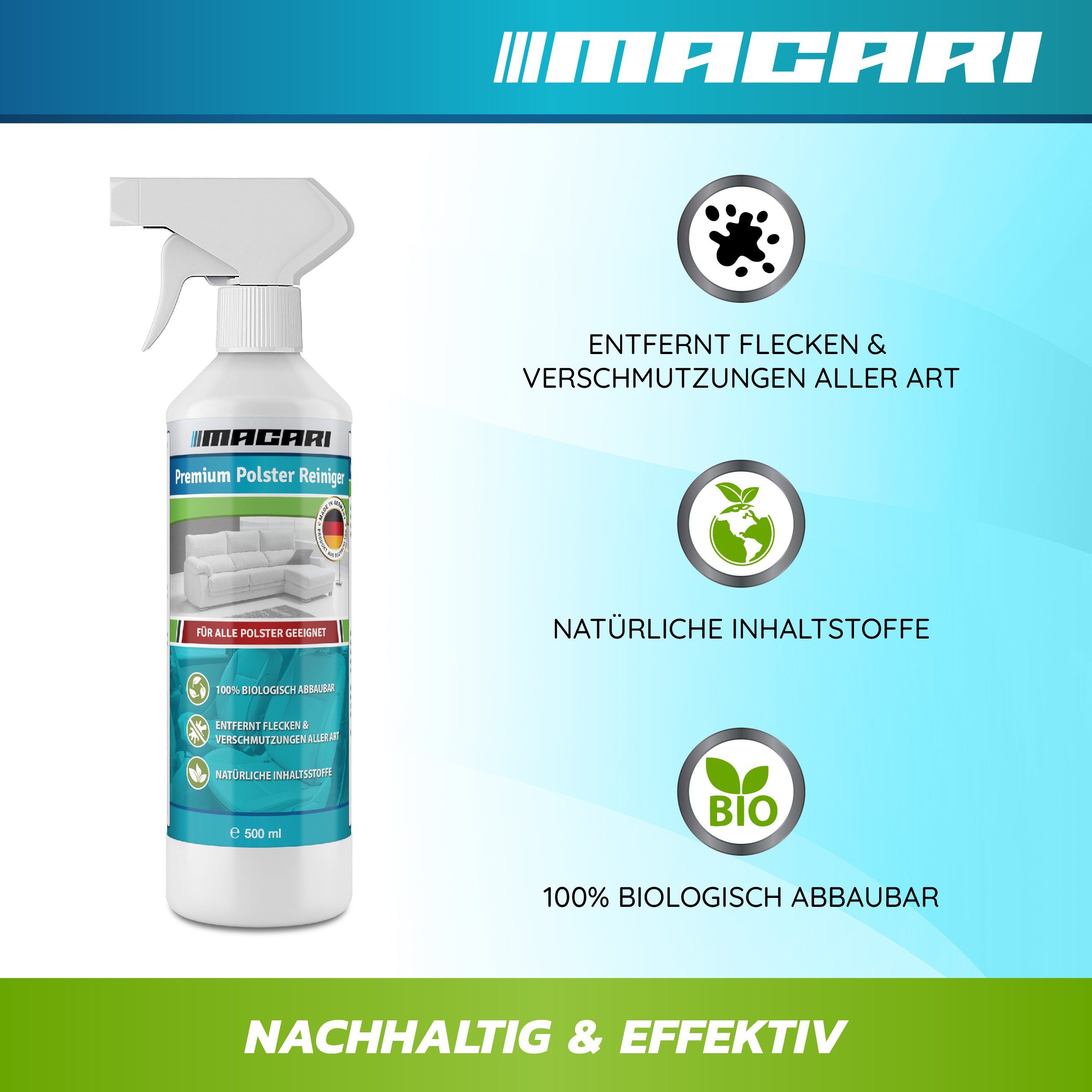 Macari 500 ml Premium Polsterreiniger Sofa & Auto, Couch, Matratzen, Autositz Polsterreiniger