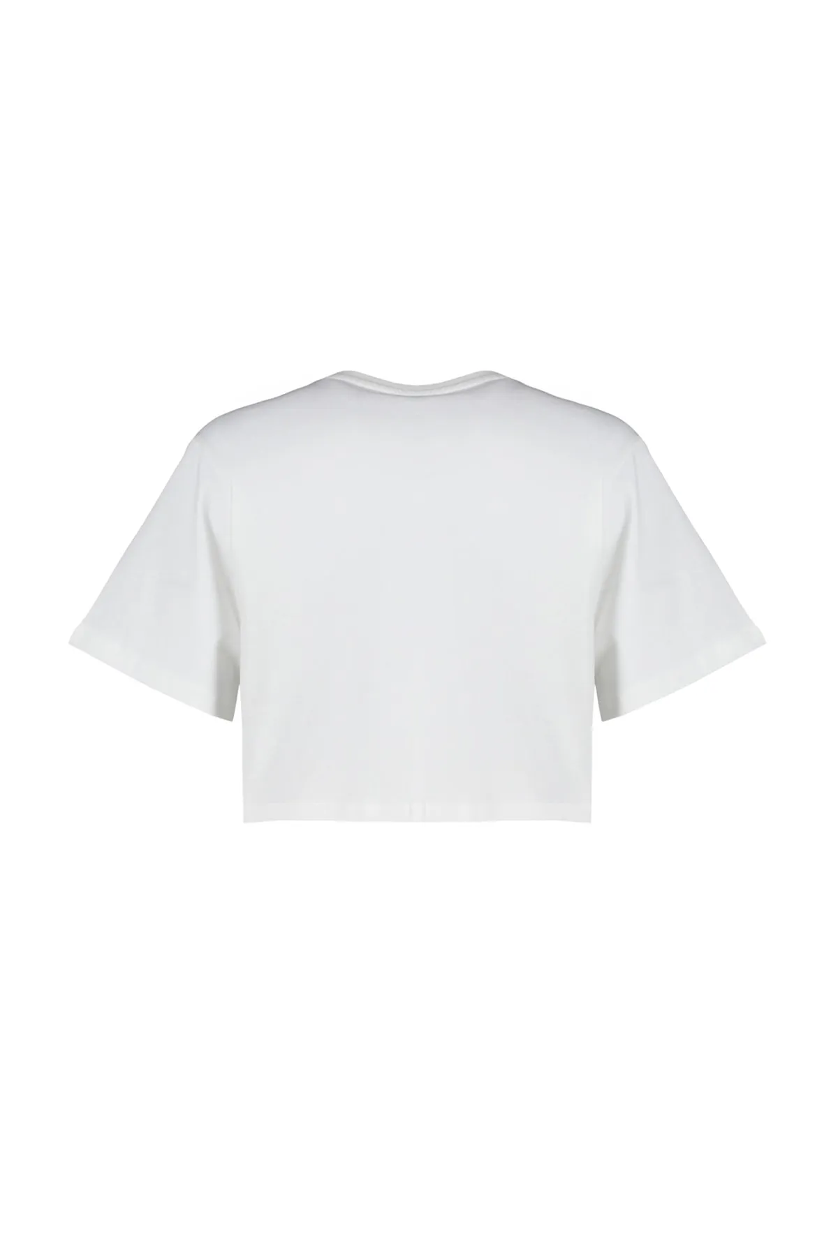 Trendyol Collection  Weißes, 100 % Baumwolle bedrucktes, entspanntes/weites, entspannt geschnittenes, kurzes Strick-T-Shirt mit Rundhalsausschnitt TWOSS23TS00369