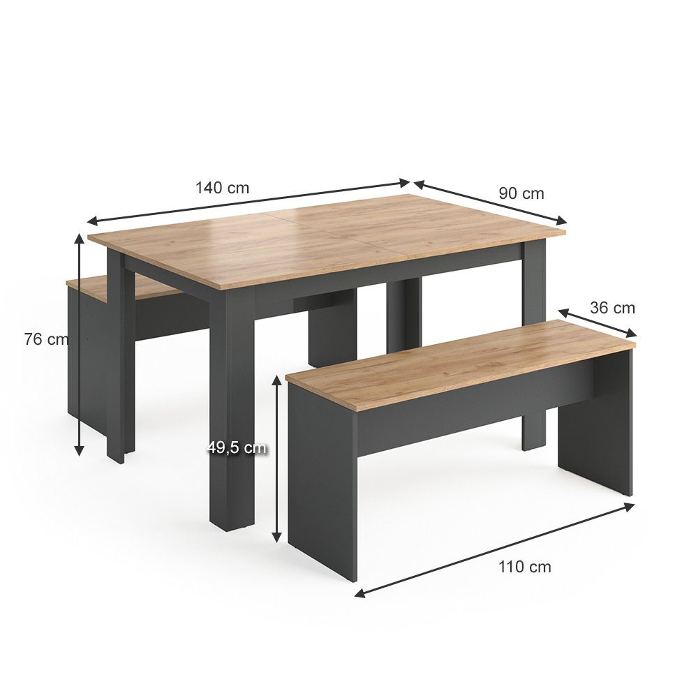 Vicco Sitzgruppe Tischgruppe Esszimmer Esstisch SENTIO Anthrazit, (Set, 3-tlg., 3-er Set), Pflegeleicht