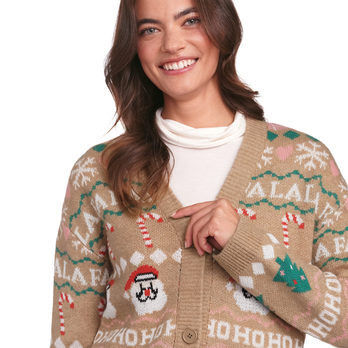 Damen Weihnachtsstrickjacke mit V-Ausschnitt beige