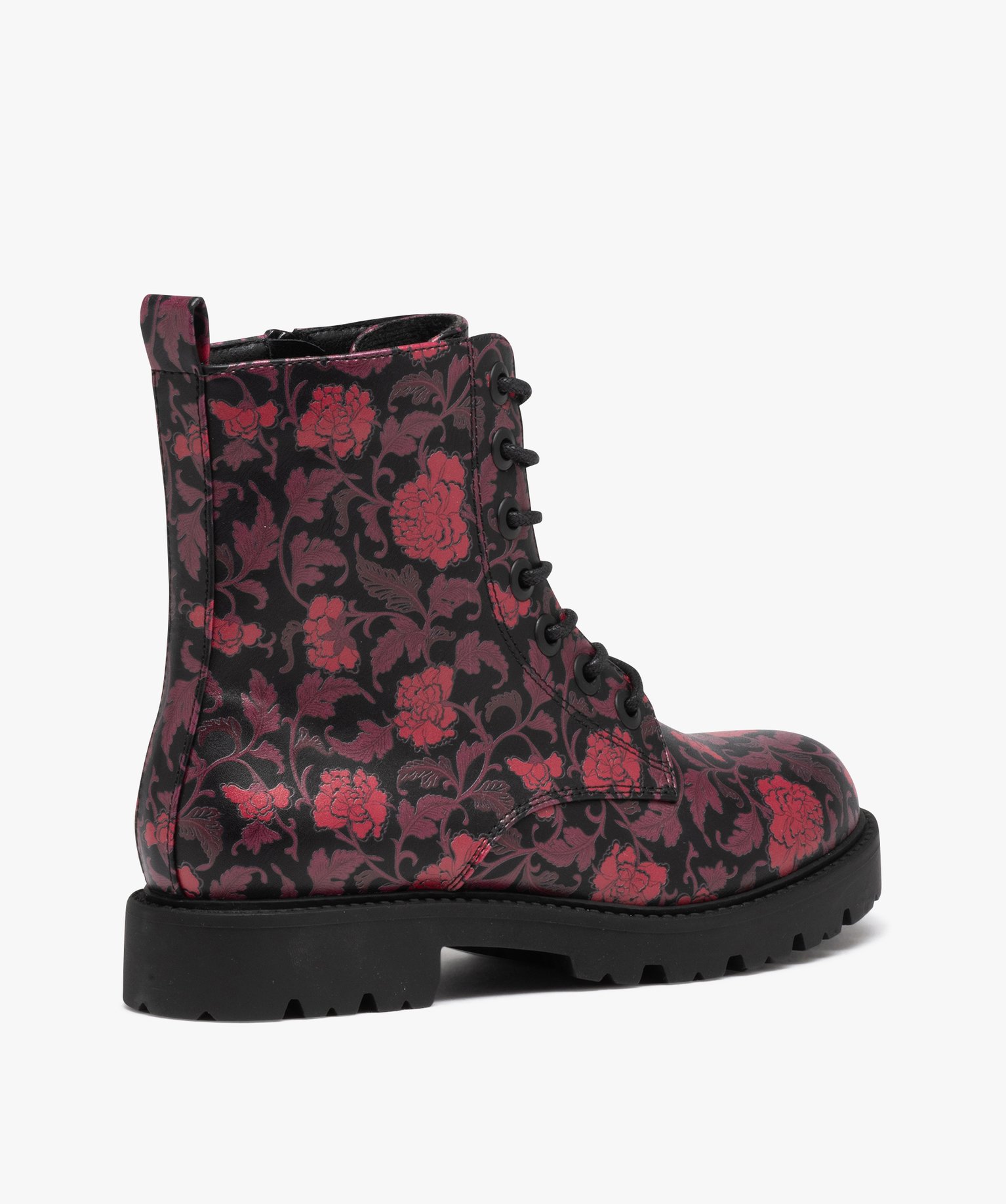 Boots femme mid-cut dessus uni verni à lacets colorés noir | GEMO