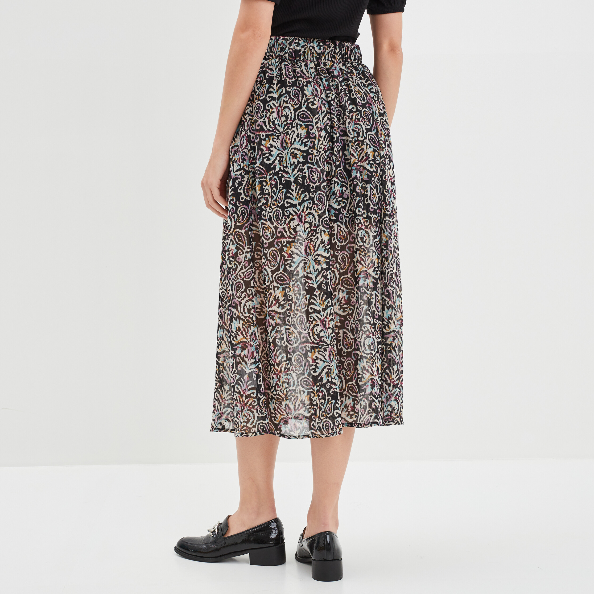 Jupe longue évasée voile doublé noir femme | La Halle