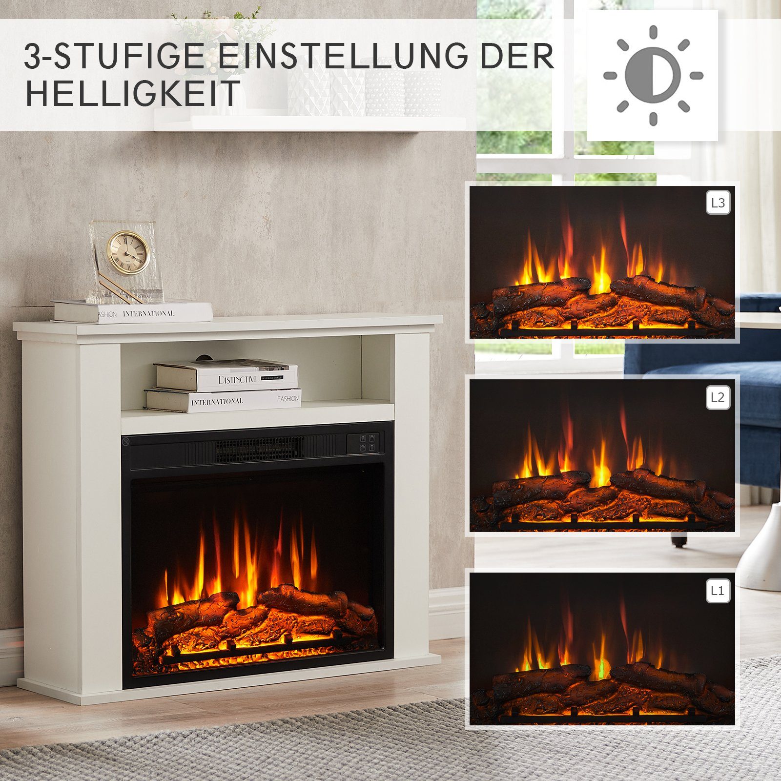 Balderia Elektrokamin Frida, Standkamin mit Heizung 2000W, 3D-Flammeneffekt, Fernbedienung, Timer, Thermostat