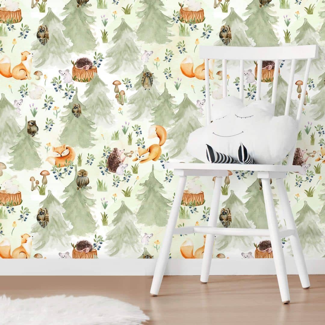 K&L Wall Art Mustertapete Vliestapete Fuchs Mustertapete Kinderzimmer Mädchen Junge Eule Hase, Waldtiere Tapete
