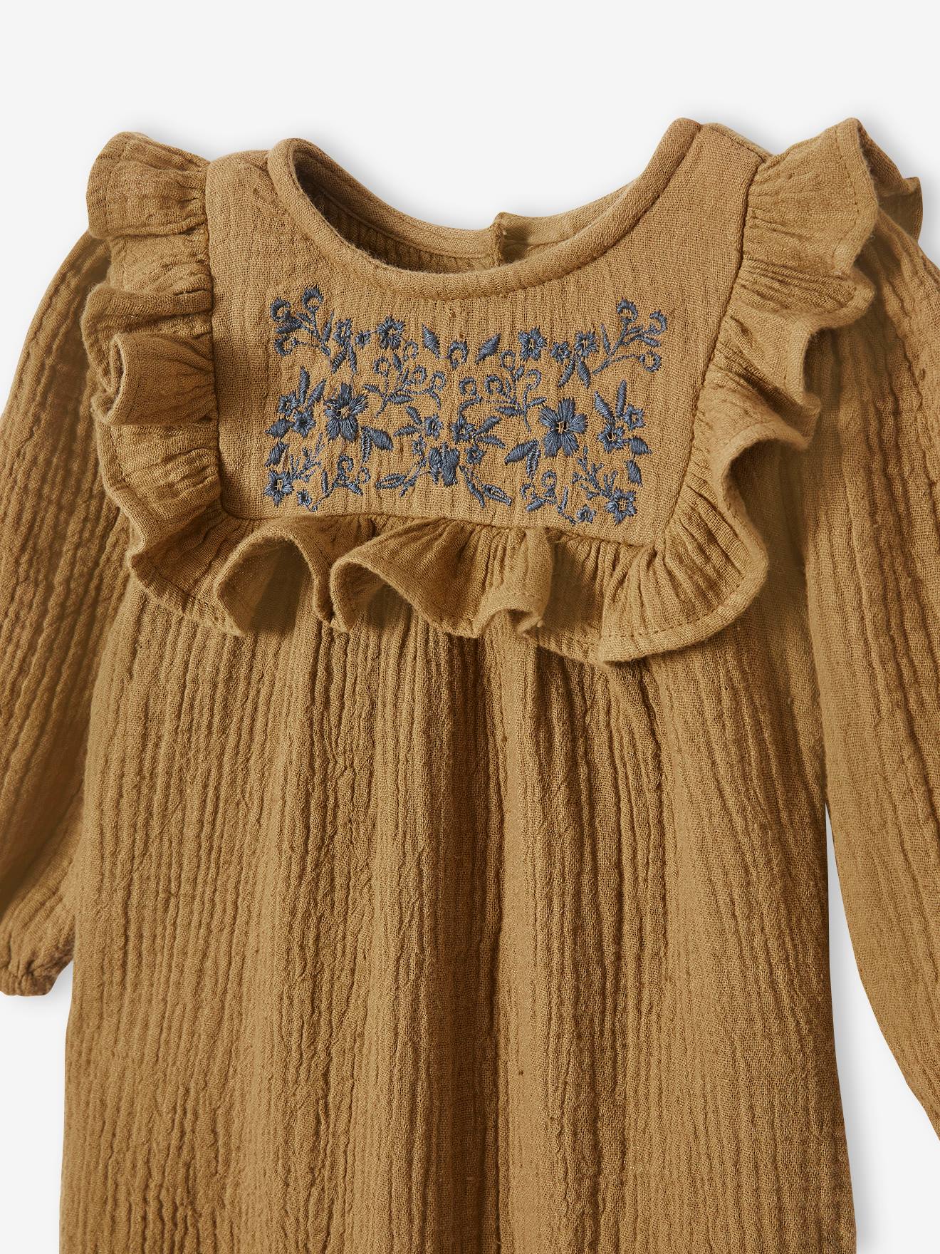 Combinaison brodée en gaze de coton bébé olive